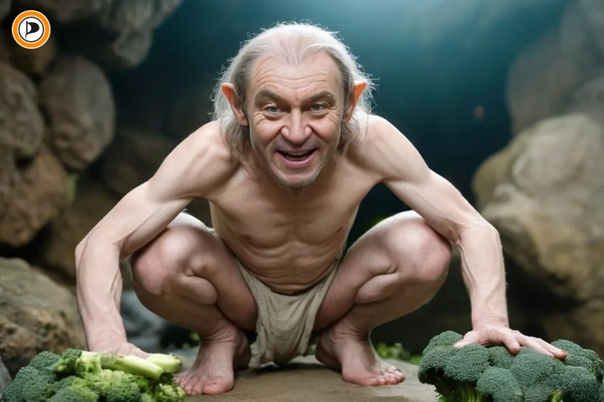 !B Söder als Gollum in einer Höhle mit Brokkoli