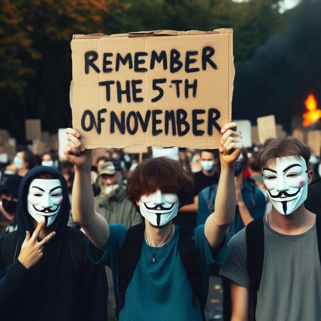 !B Demonstranten mit Anonymous Masken, einer hält ein Schild mit der Aufschrift "Remember the 5th of November"