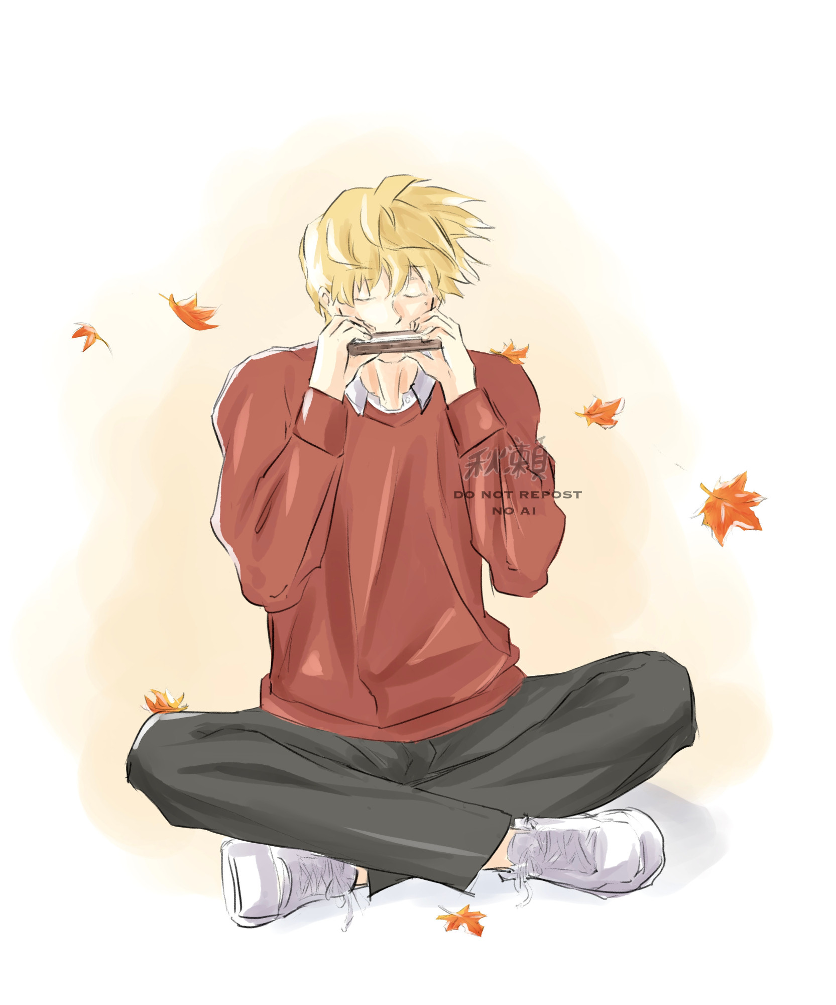 My oc wearing a red shirt and playing a harmonica as withered maple leaves fall in the onset of autumn.