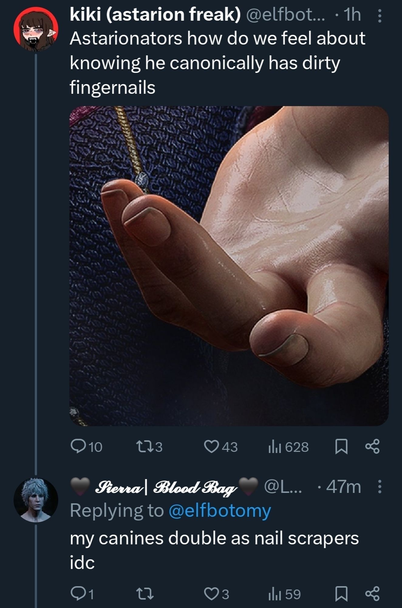 Twitter discussion about Astarions fingernails being dirty. User saying their canine teeth couble as nail scrapers