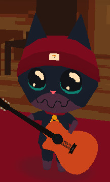 My character in Webfishing, with weepy eyes, a wobbly smile, black fur and a purple tuxedo fur pattern. I’m wearing a red beanie, a belled collar, a MILF (Man I Love Fishing) shirt, and holding a guitar.