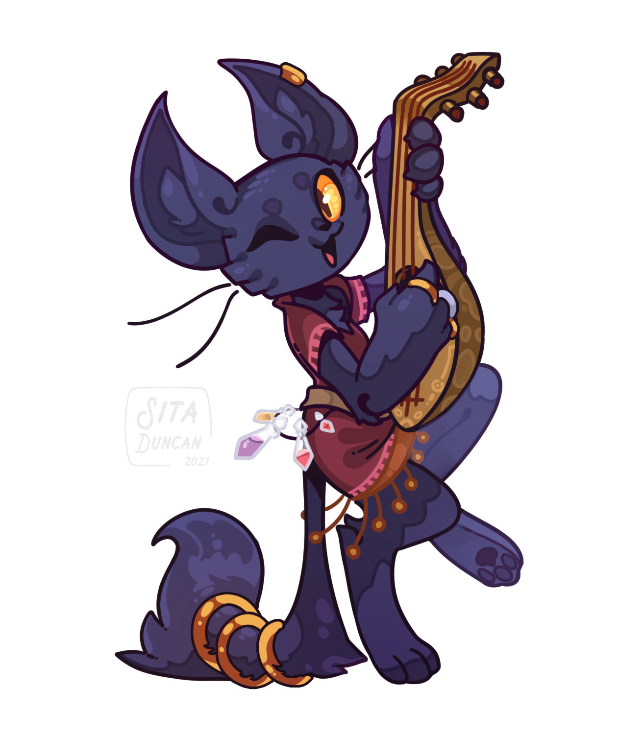 My fursona, Minerva, with her lute and her red dress. Her tail is weighed down by three gold tail rings, her right hand has three rings on it with the middle being silver, and she has an ear band on her left ear. Art by Sita Duncan.