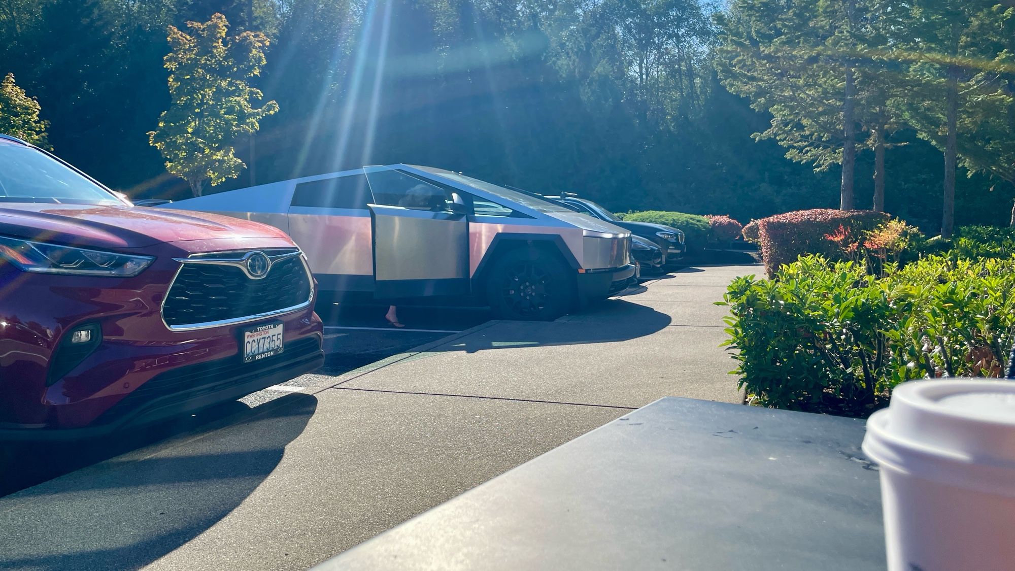 Photo of Cybertruxk parked outside SBUX in Redmond