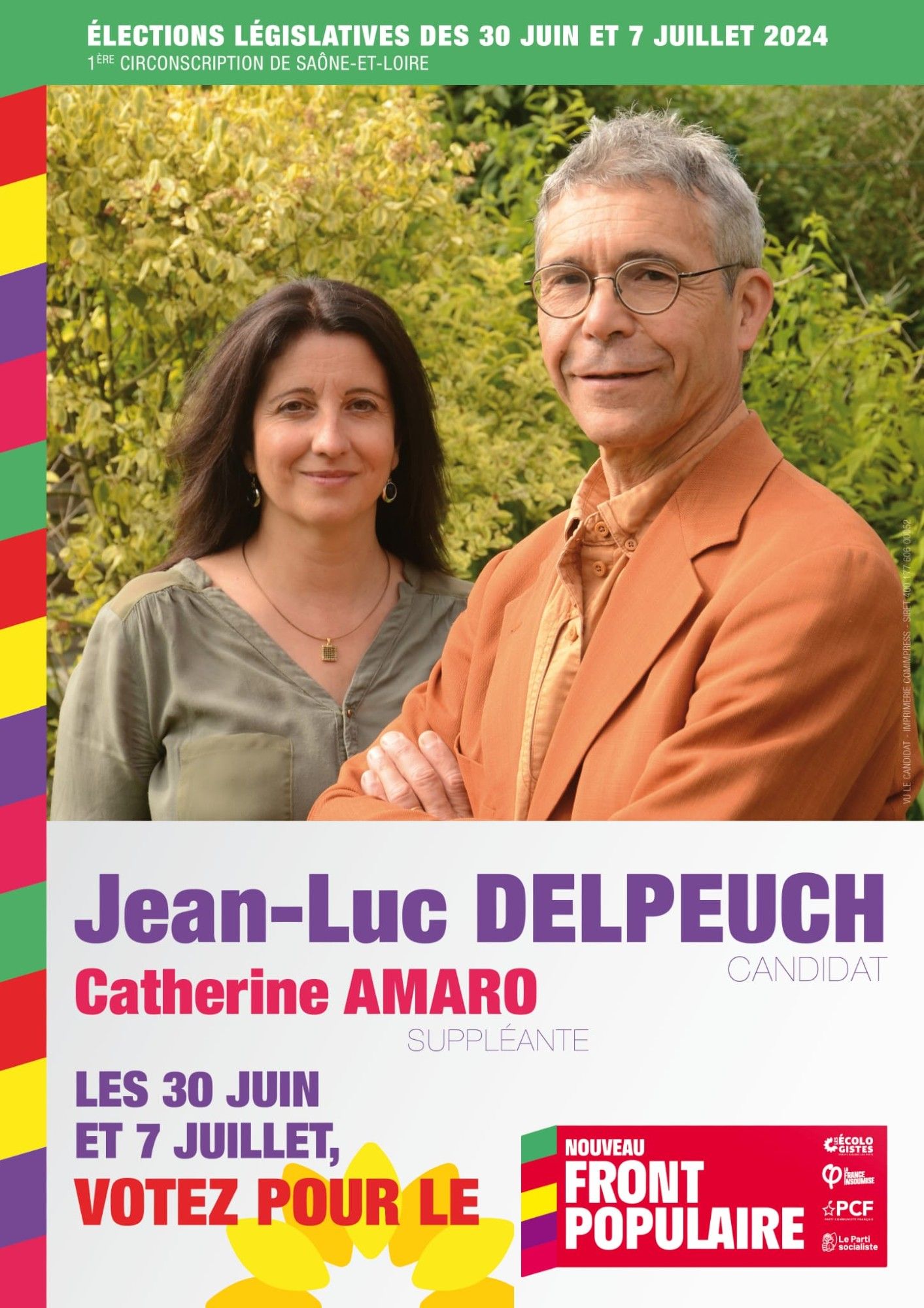 Affiche des candidats du NFP de la 1ère circonscription de Saône-et-Loire, Jean-Luc Delpeuch et Catherine Amaro