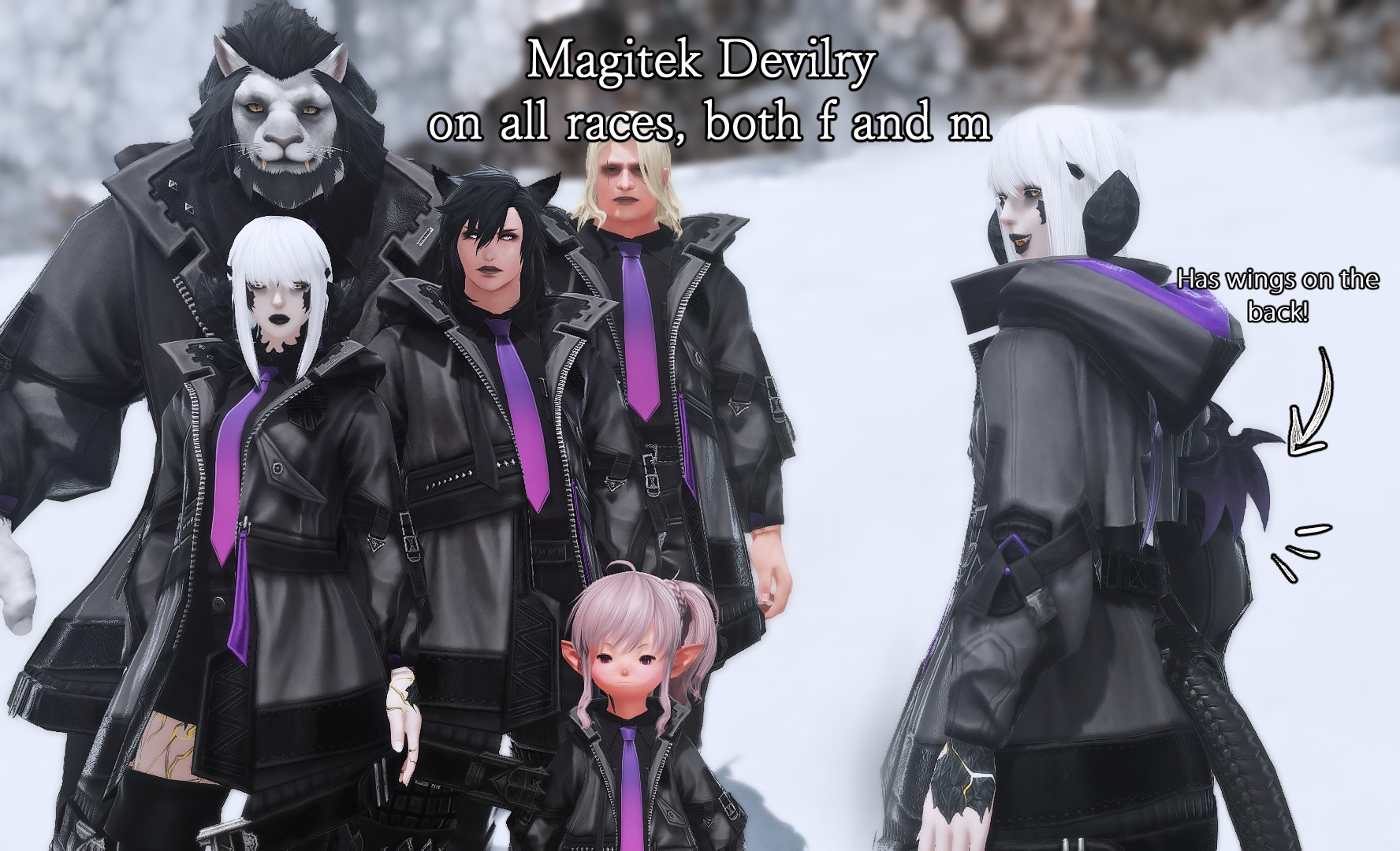 An image consisting of several final fantasy fourteen characters sporting the same edited shirt item, a jacket with a tie shirt on the inside. One character stands with back turned to show the jacket has wings. The text reads 'Magitek Devilry on all races, both f and m' and the top and reads 'Has wings on the back!' on the side of the image.