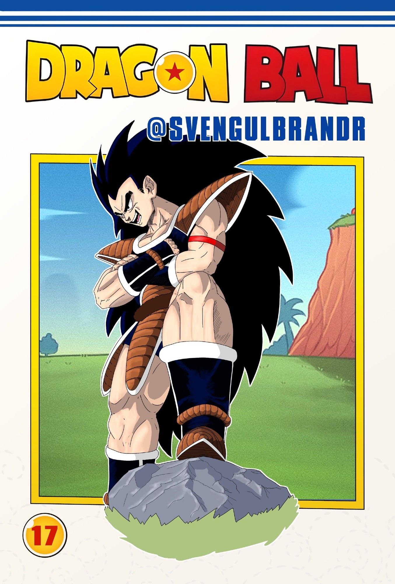 Raditz staring at something with his arms crossed and a wicked smile.