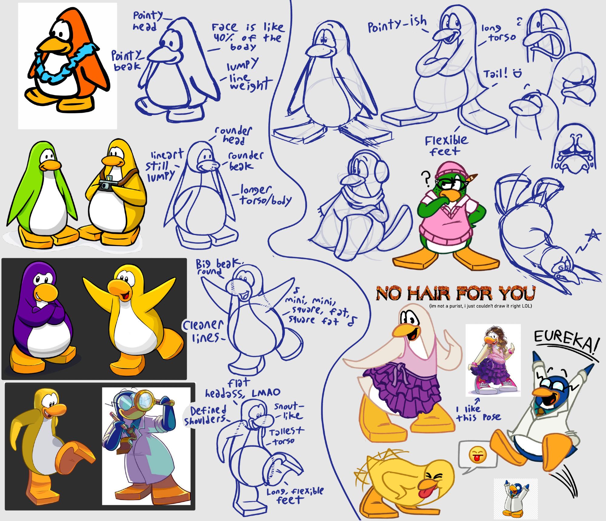 A modestly elaborate study of the various Club Penguin art styles through the years on the left, and my own drawings of Club Penguin characters on the right. My studies concern the body length, head shape, beak pointedness, feet length, and the presence (or lack) of shoulders. 

I combine several elements from the canon art styles to create the penguins on the right. Notably, they have long torsos, slightly pointed beaks, and big, flexible feet. I also gave them tails and a clearer divide between their eyes.