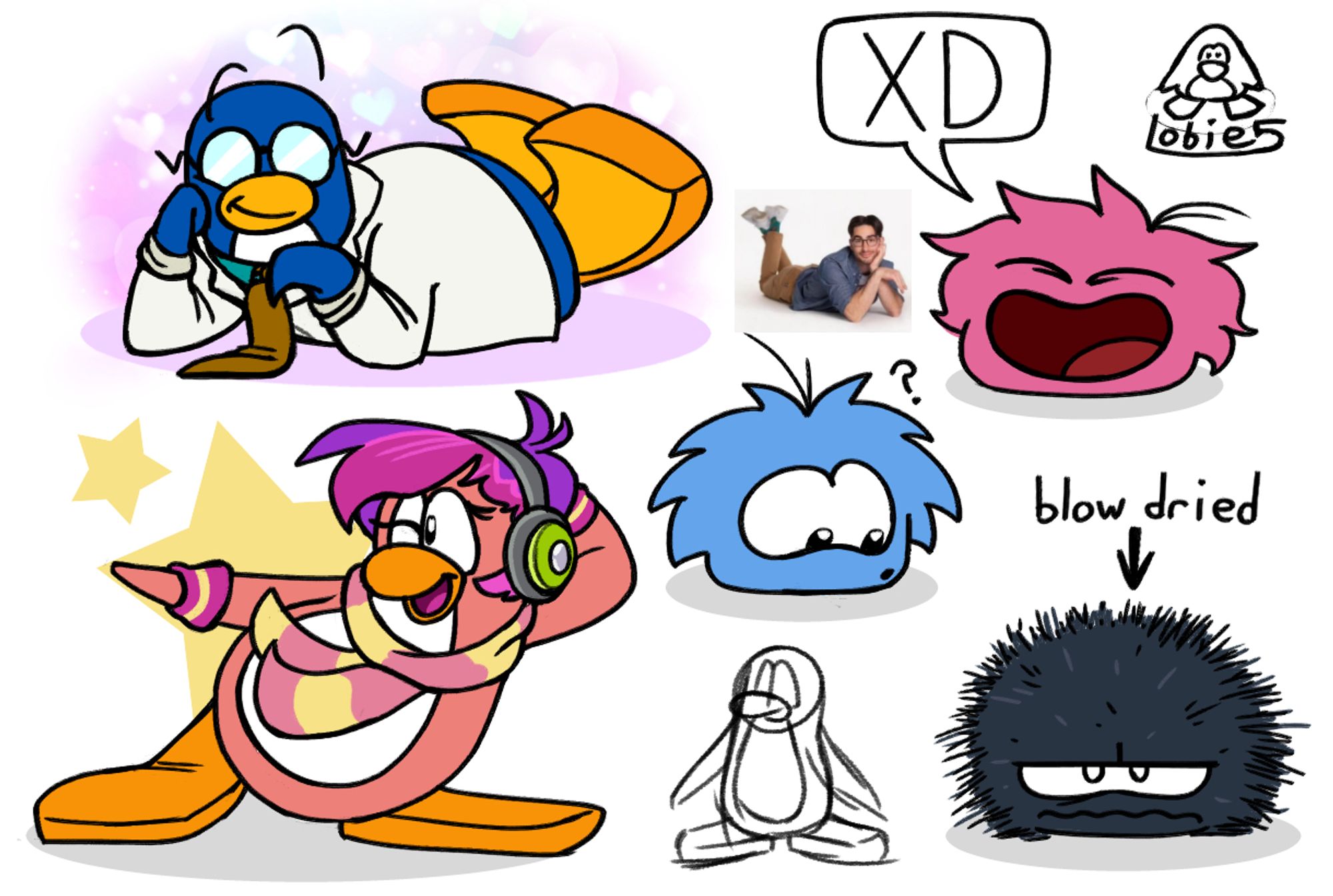 Drawings of various Club Penguin characters.
1. Gary the Gadget Guy in what some call a "babygirl" pose; lounging on his stomach, resting his head on one flipper. His feet are raised in the air, and he has a playful smirk. There are dreamy bubbles and hearts around him.

2. DJ Cadence dancing. She's pointing, winking, and leaning to one side with one arm behind her head.

3. Various puffles: A confused blue puffle, a laughing pink puffle with a chatbox reading "XD", and an extremely fluffy black puffle; text reads "blow dried."

4. A small, rudimentary sketch of a penguin.
5. A doodle of a penguin signed "Lobie5."