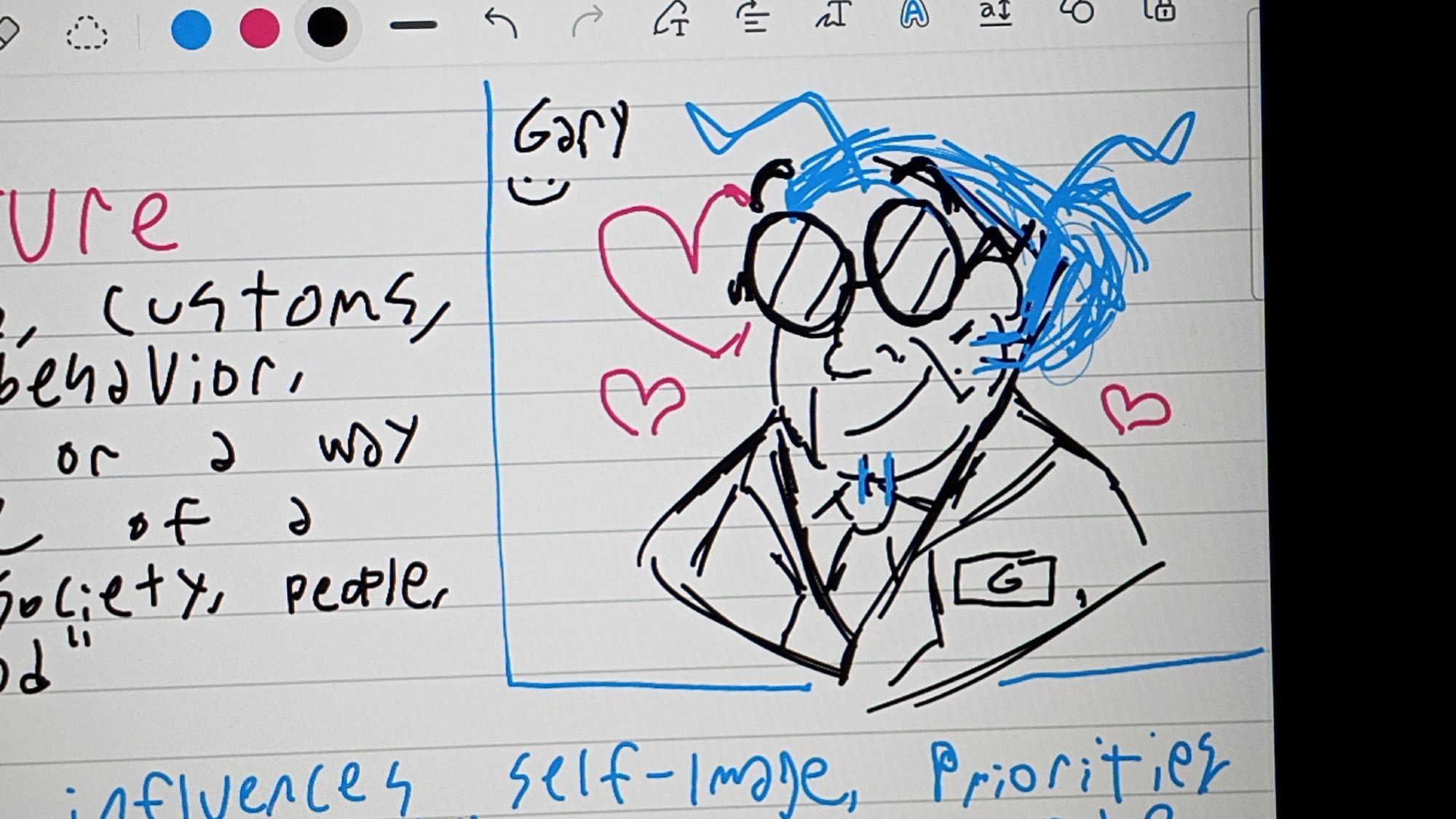 A drawing of a humanized Gary the Gadget Guy I drew next to my Communications class notes. He's notably an older, pudgy man with a scraggly blue ponytail. There are little red hearts floating around him. I added those for completely normal reasons.