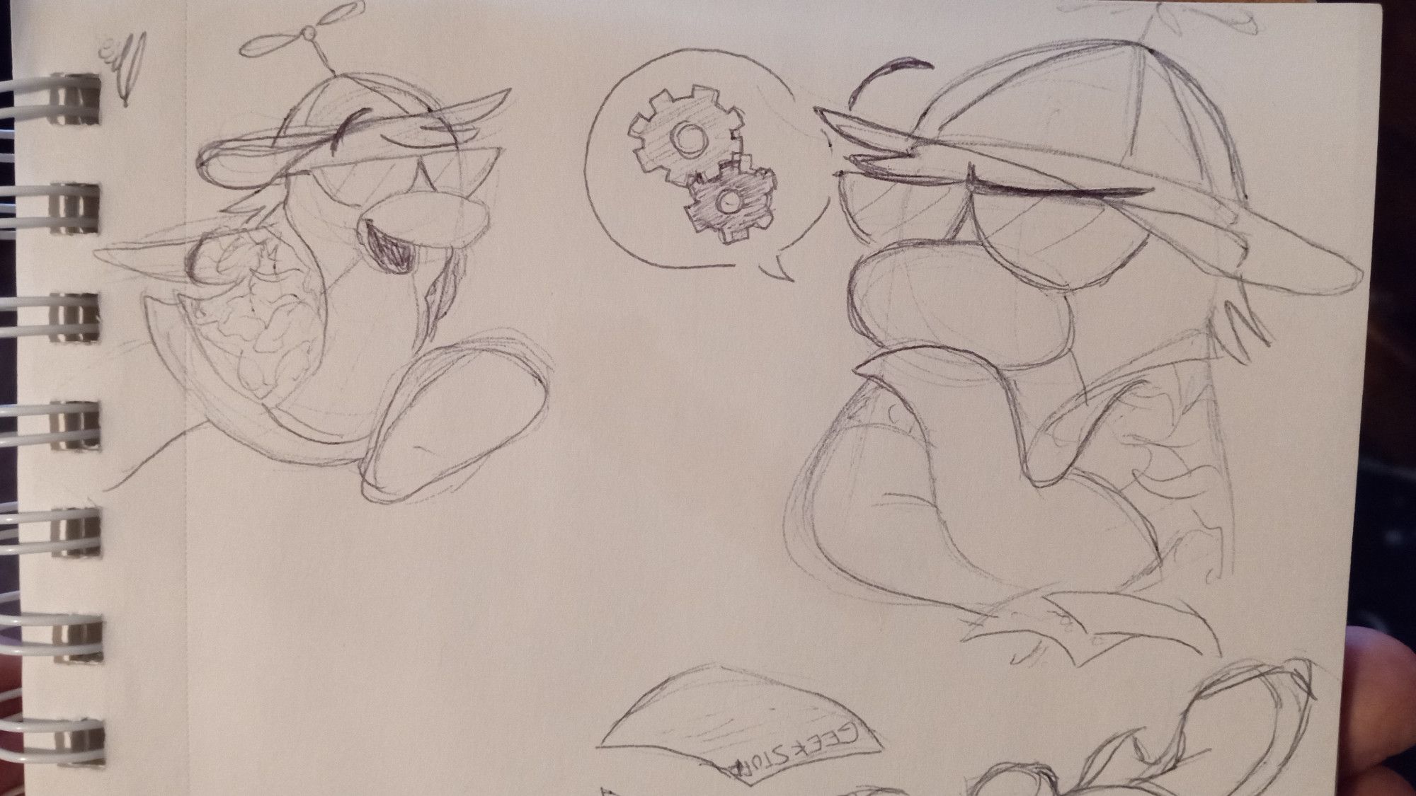 Two sketches of Rookie from Club Penguin. One is of him "naruto running," and the other is him thinking really hard about something, holding his flipper to his chin. His design is stylized slightly from the original; I put a brim on his propeller hat, and his feathers are scruffier on his head.