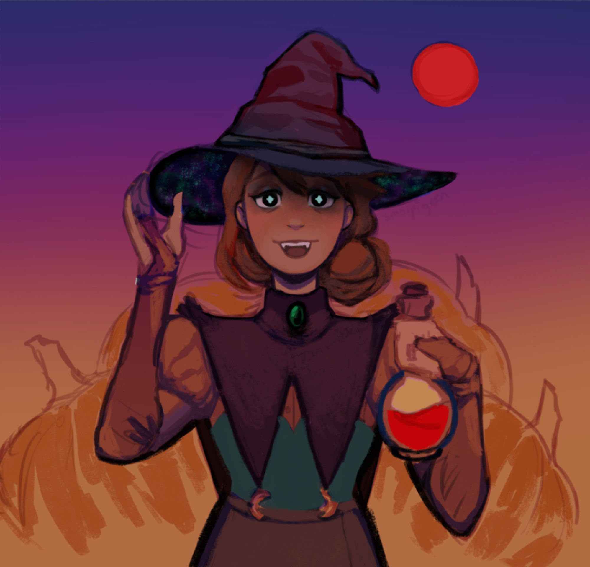 Emmie dressed as a witch in an overall VERY Halloween vibed painting. The red moon looms behind her as she holds her hat in one hand, and a red potion in the other. Her hat casts a shadow over her face, only her bright blue eyes glowing from it. She bears a broad smile, showing her sharp (natural!) canines. Her hat, color, and skirt are dull purple, and she has a teal corset on. Behind her is a pile of pumpkins.