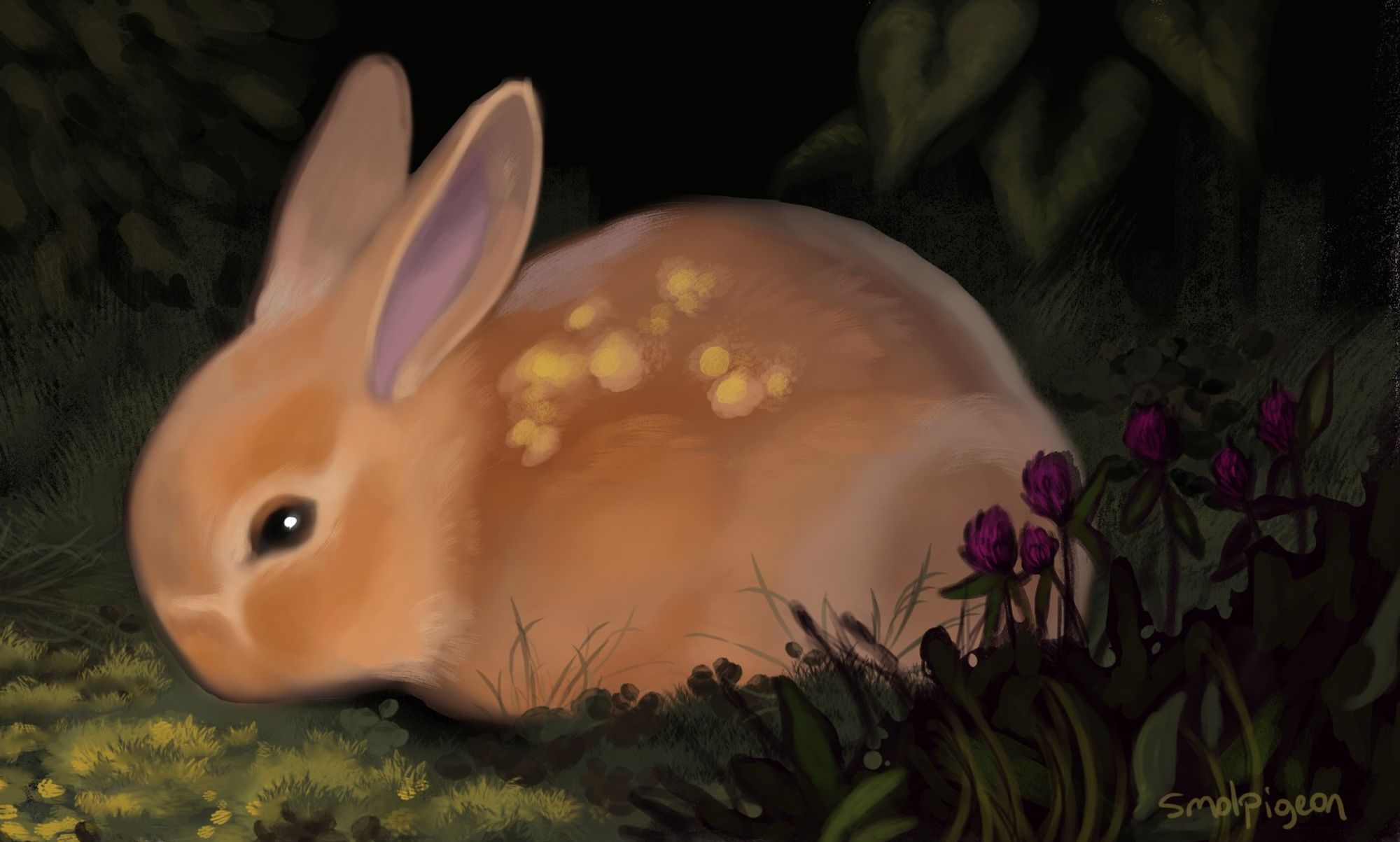 A sun-dappled bunny with sun-spots on his fur. He sits in a bed of grass and clover, ears pricked back, listening and observing. The background is dark, and leaves can be faintly seen through the black.