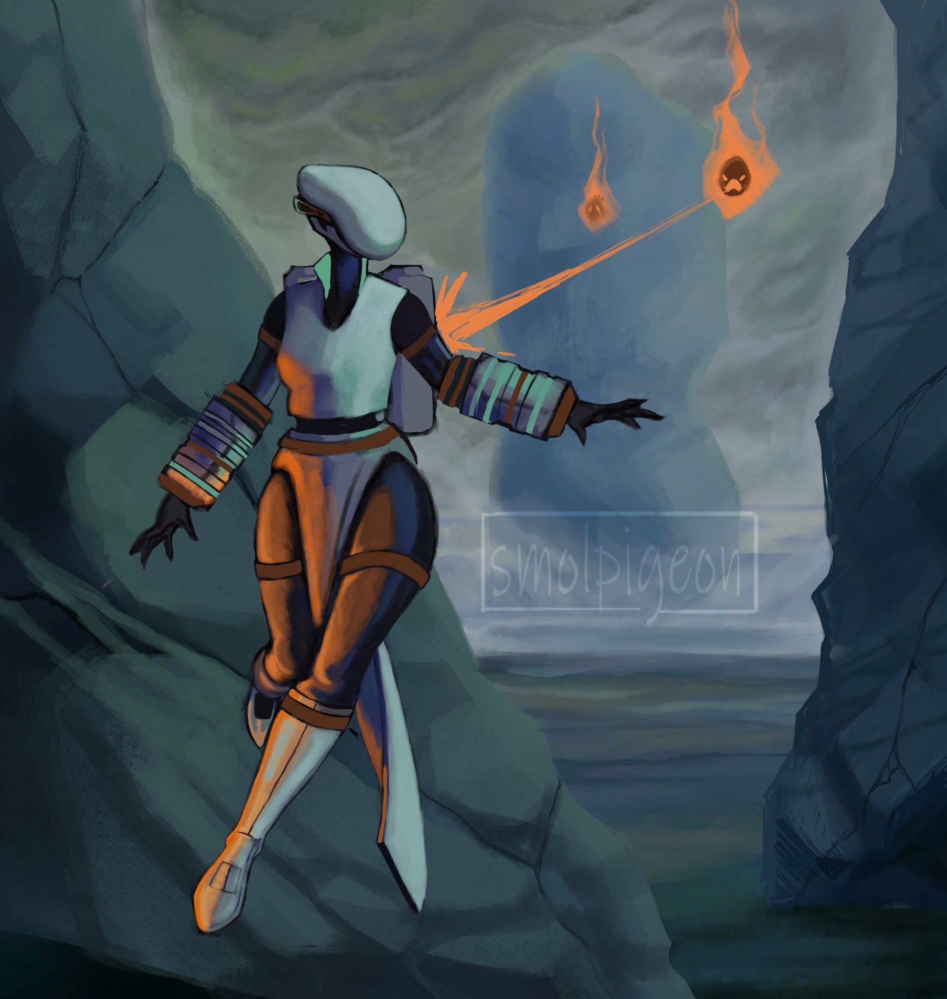 The Artificer from Risk of Rain. She's hovering over the ground, with the ocean and towering pillars of rock in the background--obscured by fog the further away they are. The clouds are swirling and green--indicating an incoming storm. Two sprites of fire with masked faces approach her--with one striking her on the arm with a flaming projectile.