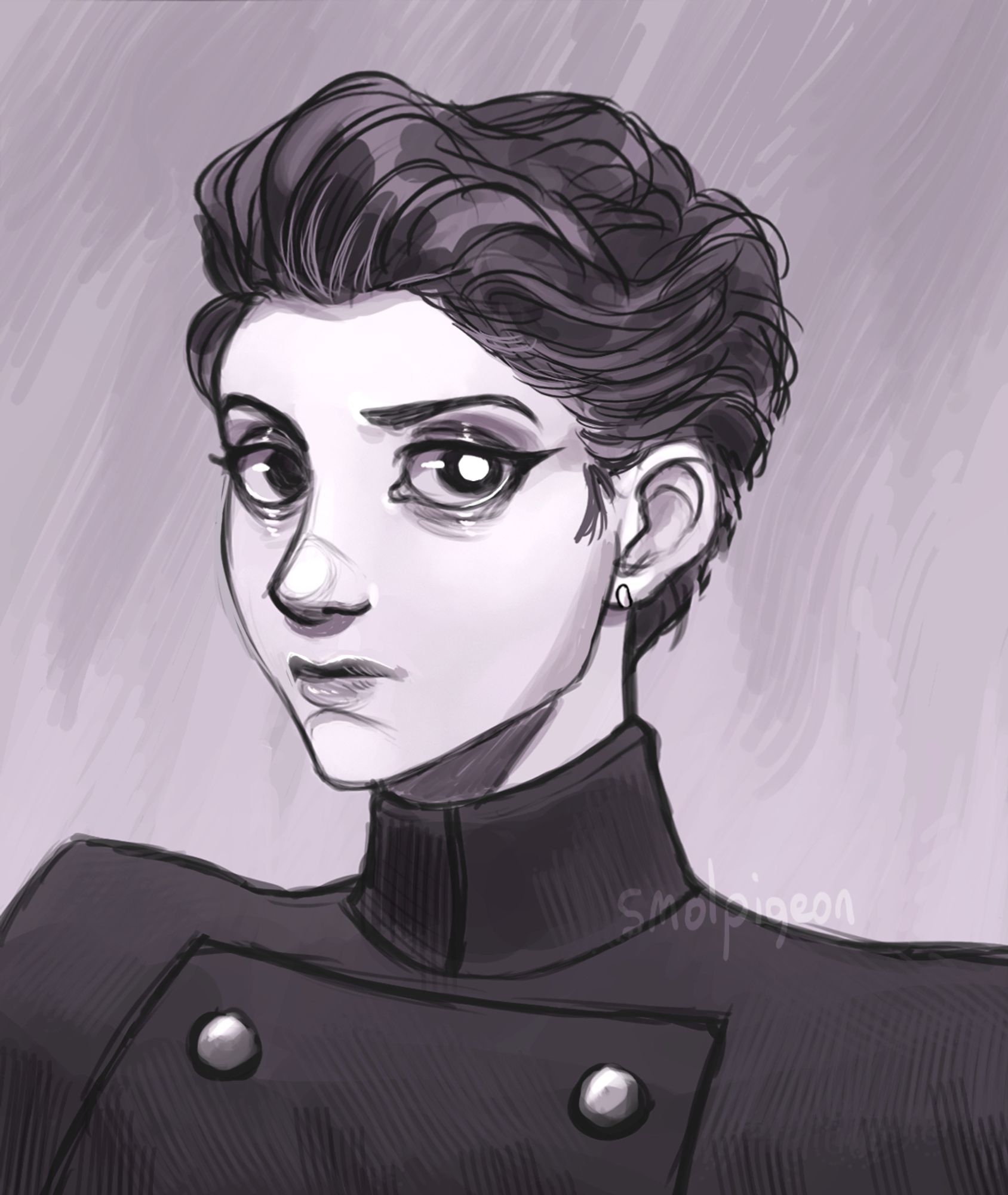 A desaturated image of my OC, Archon Amara Quayle. She looks strangely at the viewer--one eye aglow with light to show there's something off about her. She has short hair greased back and a black coat on.