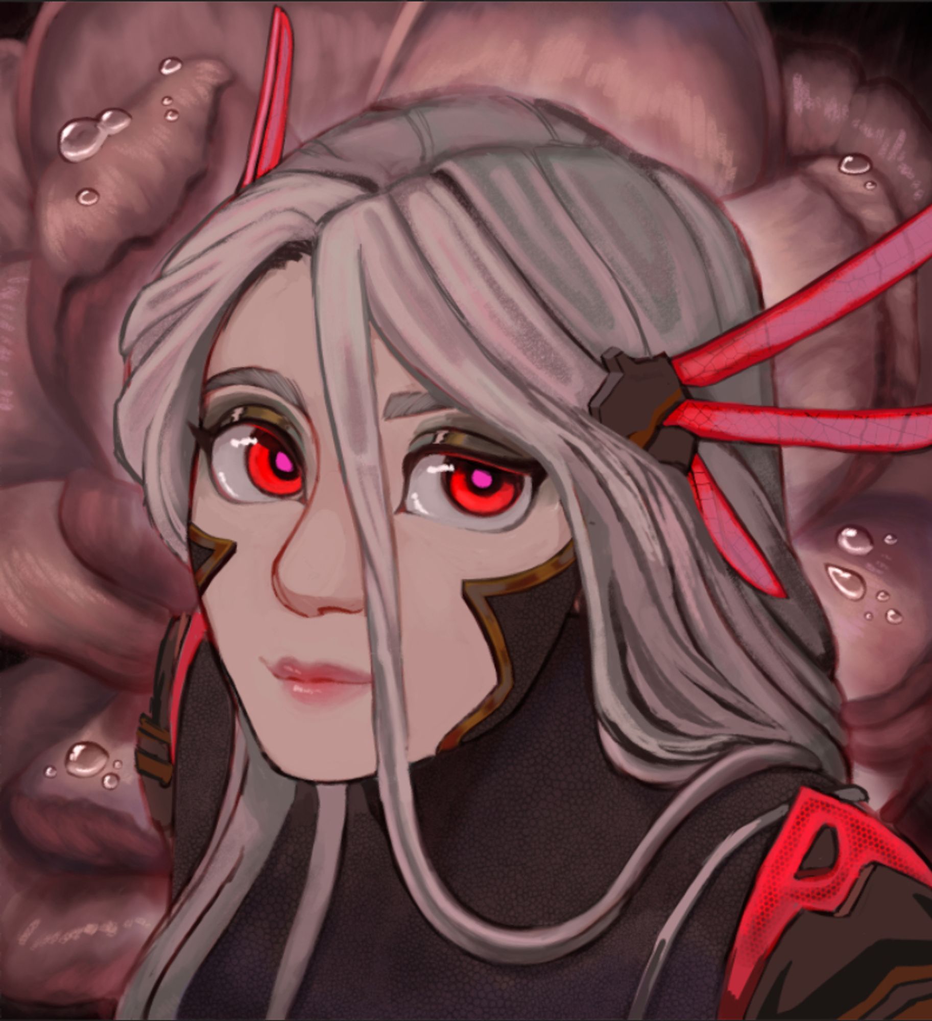 A pale, white-haired woman with a strange pink glow in her red eyes. She looks up at the viewer with a mixed expression involving a faint smile. She wears hair ornaments that have winged protrusions that resemble dragon-fly wings. Behind her is a pale pink camellia covered in dew drops.