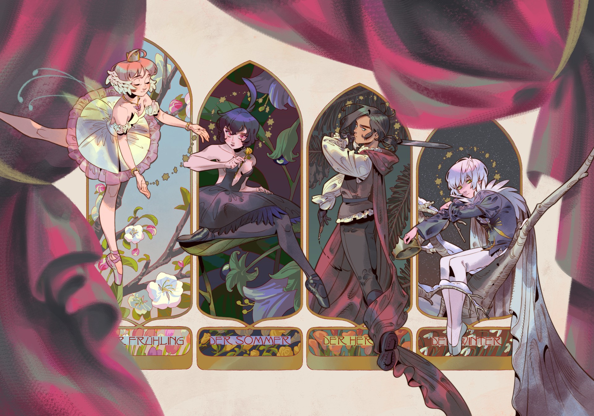 ID: An illustration of the anime series, "Princess Tutu". Four of the characters - Princess Tutu/ Ahiru, Princess Kraehe/ Rue, Fakir, and Mytho - are posed in art nouveau styled frames. Under each frame reads the four seasons in German on nameplates - der Frühling (Spring), der Sommer (Summer), der Herbst (Autumn), der Winter (Winter). Spring has a daytime backdrop and all other characters have a night backdrop. Each character also features a circlet of stars - Tutu's is between her hands, all other characters have the circlet around their heads.

Tutu's pose is warm and inviting and turned towards the others. In the back are apple blossoms and tulips on the bottom. 

Rue sits on a leaf, pose drawn inward, holding a yellow rose. Behind her are deadly nightshade flowers and yellow roses on the bottom.

Fakir's pose is heroic and in motion, holding a pen in his right hand, and a sword in his left. His red cape billows out of frame. Behind him are douglas fir needles, and his nameplate features orange calla lillies.

Mytho is winter, and sits inquisitively, dolefully, on a birch tree branch. He precariously holds his crown in his right hand. His nameplate features snowdrops. 

Framing the drawing is a set of curtains.