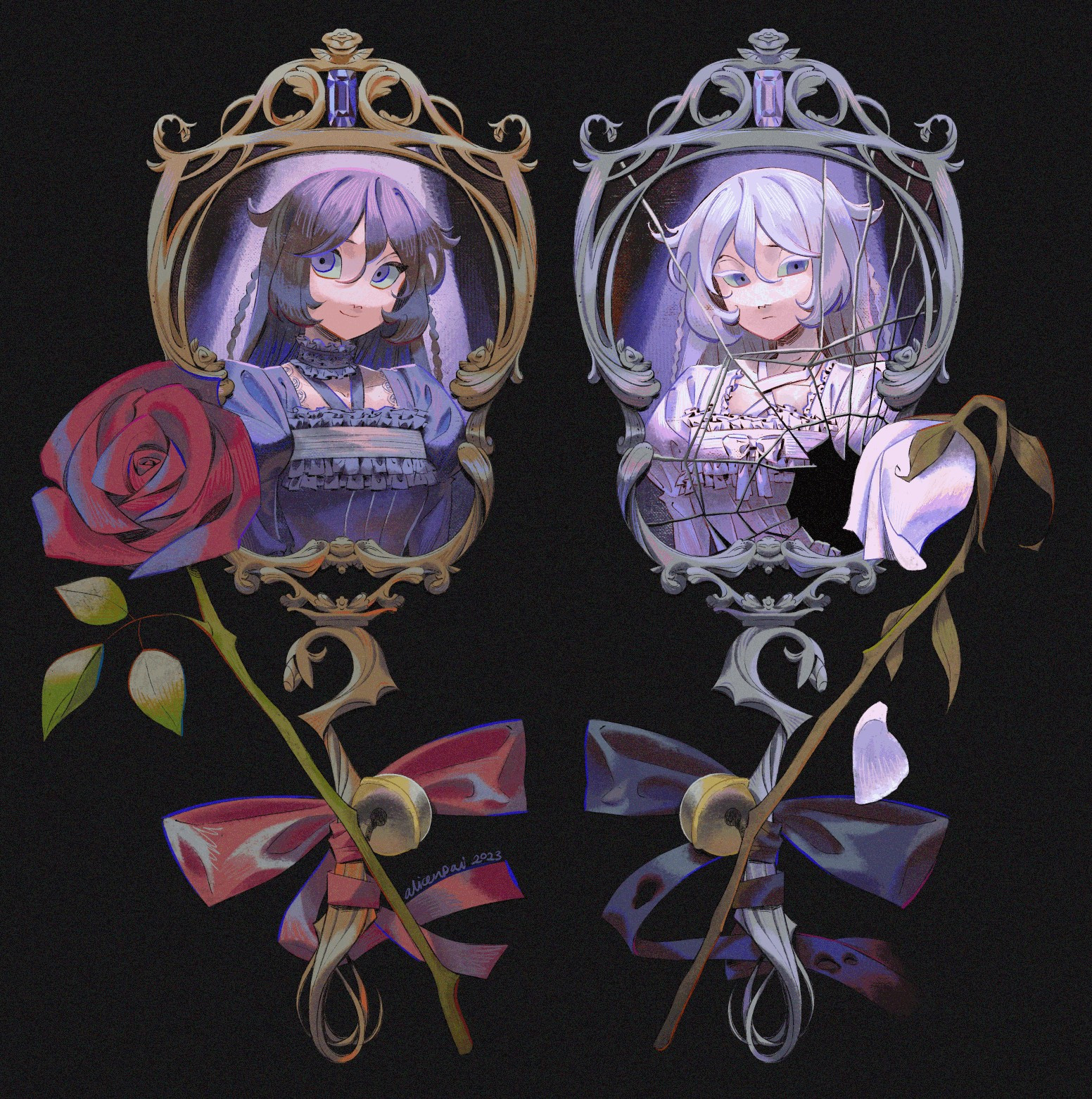 ID: An animated GIF illustration of the Alice twins from Pandora Hearts. They're elegantly posed in twin gothic mirrors, with a haunted portrait-like quality, accompanied by the looping eye blink animation from the twins. Alice is on the left in a gold mirror, adorned with a single red rose, red ribbon, and bell. White Alice poses on the right in a silver mirror, cracks on the surface, distorting the image. With her is a white wilted rose, black ribbon, and bell.