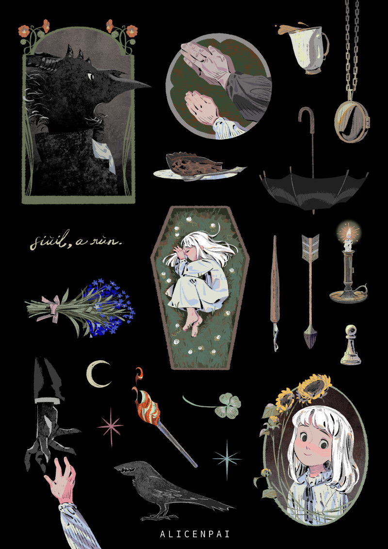 ID: A sticker sheet composition of the manga series, "The Girl from the Other Side". There are two portraits of the main characters, Shiva and Teacher, accompanied by sunflowers and nasturtium flowers, respectively. In the middle is a coffin-shaped design of Shiva, curled on her side, she lies in a bed of grass and white clover flowers. In addition, there is a bouquet of forget-me-nots; various items such as a teacup, locket, an umbrella with a hole, arrow, dip pen, candle, chess pawn piece, four leaf clover, a torch; there is also a crow, a sticker design showing Shiva and Auntie's hands praying, a Winged One (crow-like creature), and a sticker design with Teacher and Shiva's hands reaching towards one another.