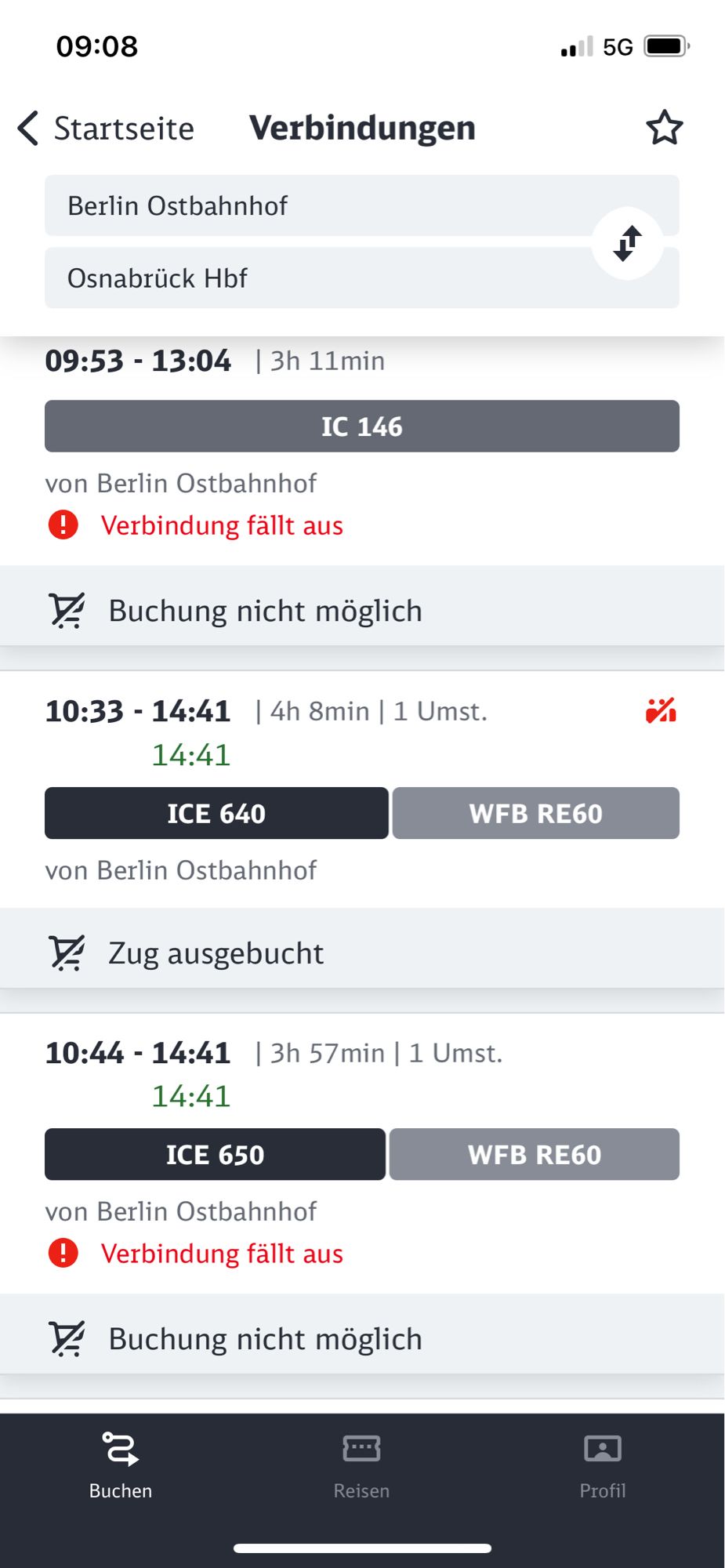 Screenshot der Bahn App. 2 Verbindungen fielen aus, der verbleibende ausgebucht.