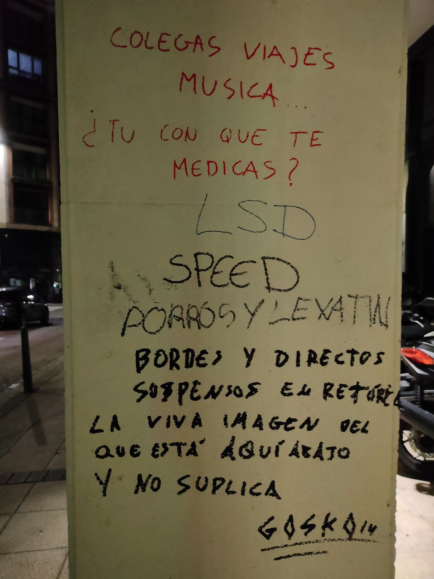 Pintada:
COLEGAS VIAJES MUSICA
¿TÚ CON QUÉ TE MEDICAS?
De otras manos:
LSD
SPEED PORROS Y LEXATIN
De otra mano:
BORDES Y DIRECTOS
SUSPENSOS EN RETÓRICA
LA VIVA IMAGEN DEL QUE ESTÁ AQUÍ ABAJO Y NO SUPLICA
GOSKO (firma)