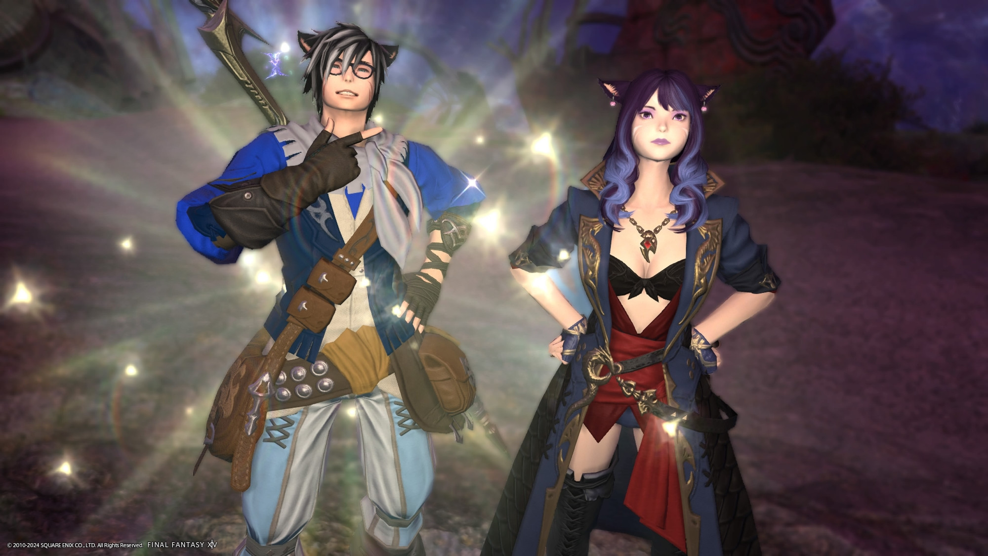 X'cirha, a male Seeker of the Sun in blue attire and a Dragoon's weapon, smiling at the camera, along with Shayka, a female Keeper of the Moon in a blue coat. 