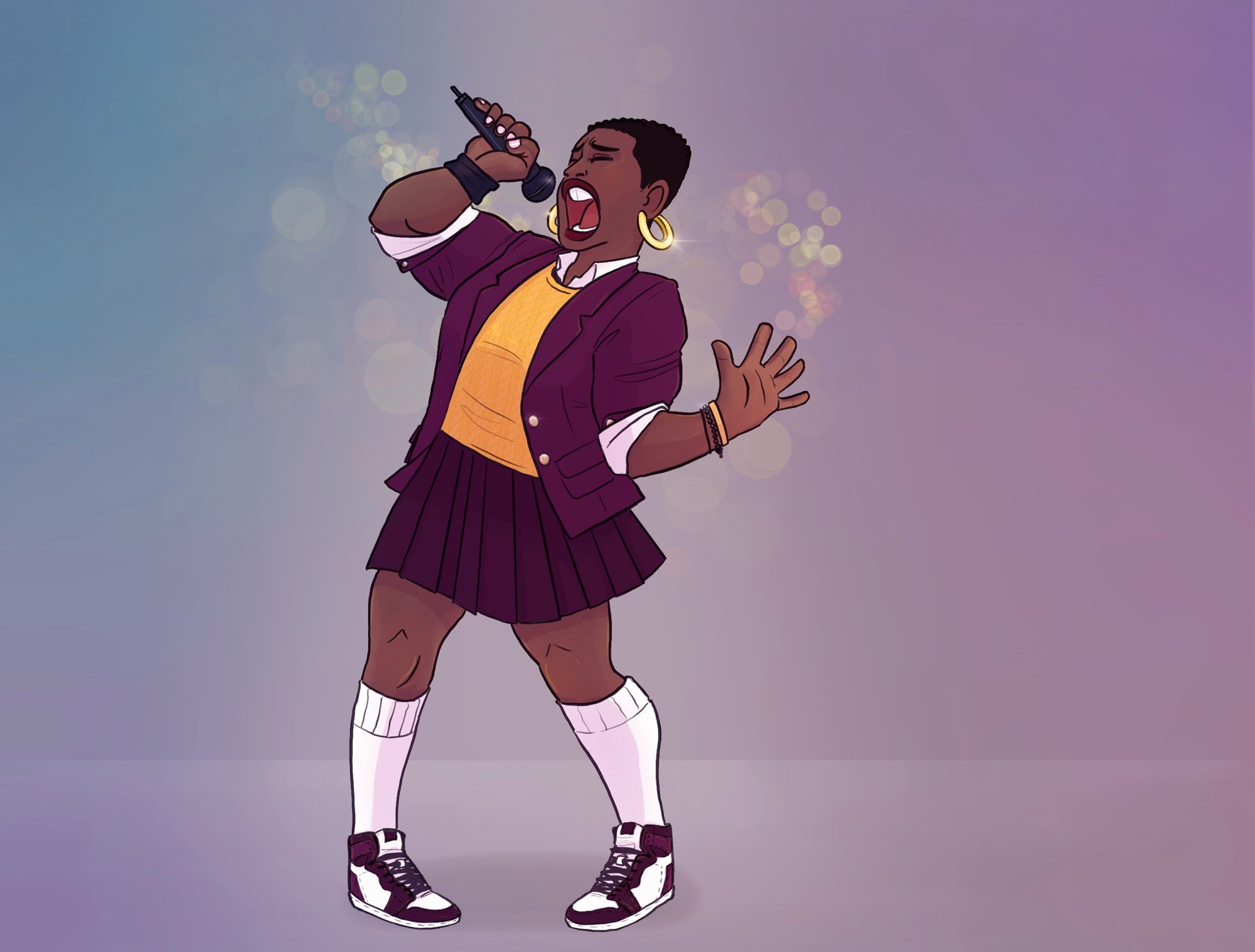 The Singer archetype for Curtain Call RPG! The singer is a black woman wearing sneakers with long white socks. She is wearing a purple blazer and skirt with a yellow shirt and hoop earrings. She has short dark hair. She has the mic craned down pointing at her mouth as she delivers a gorgeous musical note. Art by Rebekah Morgan.