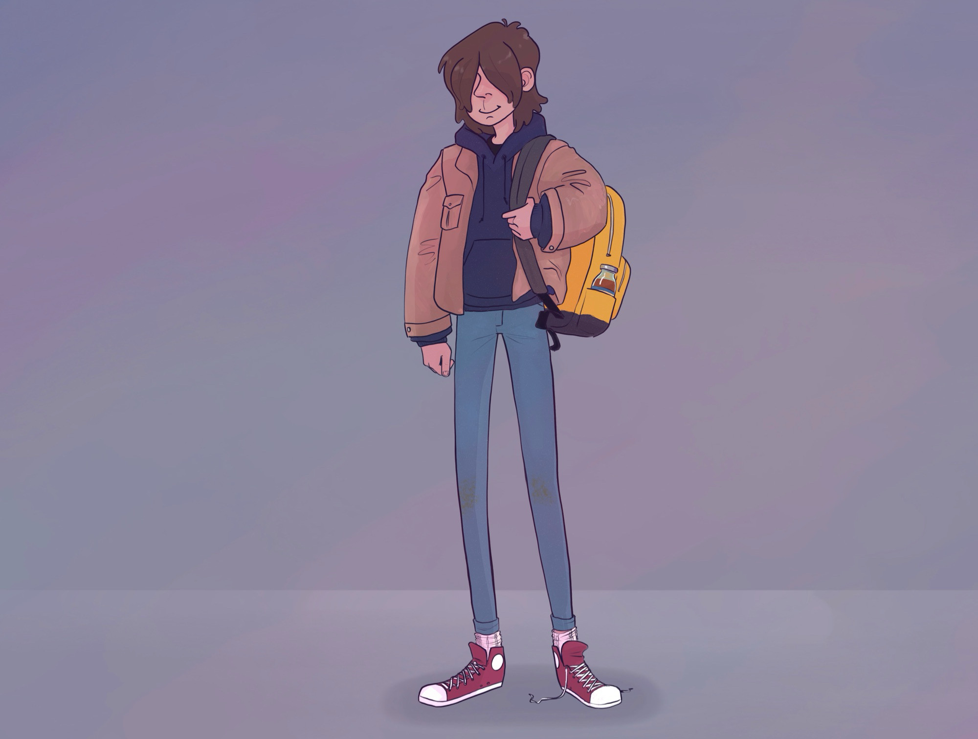 A drawing of the Transfer Student archetype from Curtain Call: The High School Theatre RPG. The transfer student is a white teenage boy wearing red chucks, blue jeans, a blue hoodie, and a brownish vest jacket with a yellow backpack. He has long brown hair that covers his eyes. He is softly smiling. Art by Rebekah Morgan.