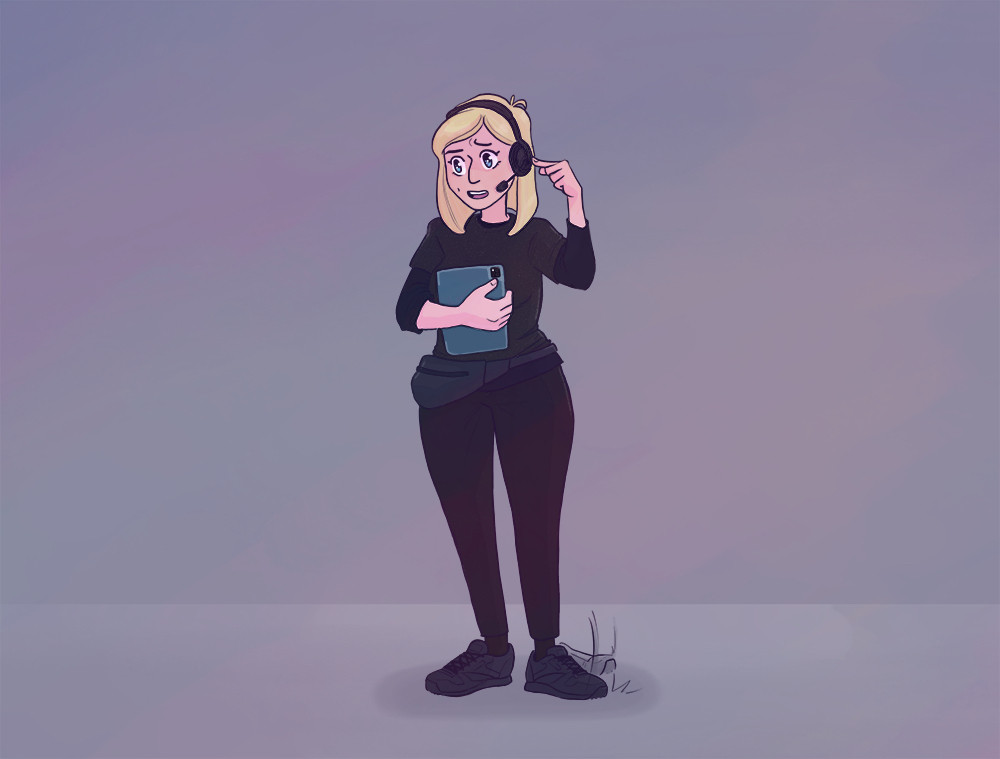 The Stage Manager archetype for Curtain Call RPG. She is a blonde haired white woman in all black with a headset on. She’s holding a tablet and is nervously tapping her foot while she talks on the headset. Art by Rebekah Morgan.