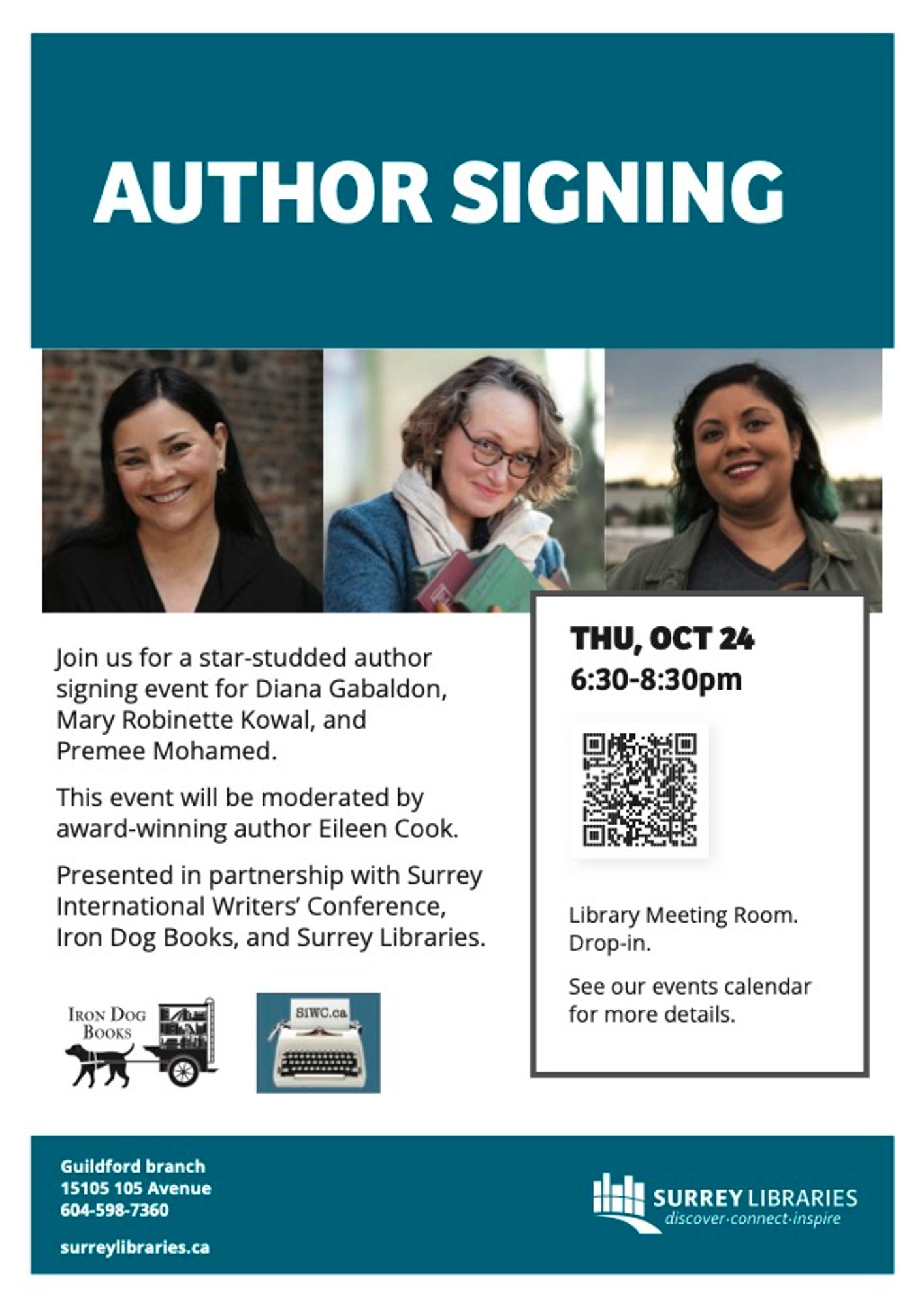 A poster for the Thursday, October 24, author signing event presented  by SiWC, Iron Dog Books and Surrey Libraries with head shots of the authors and event information - 6:30-8:30 at the Guildford library.