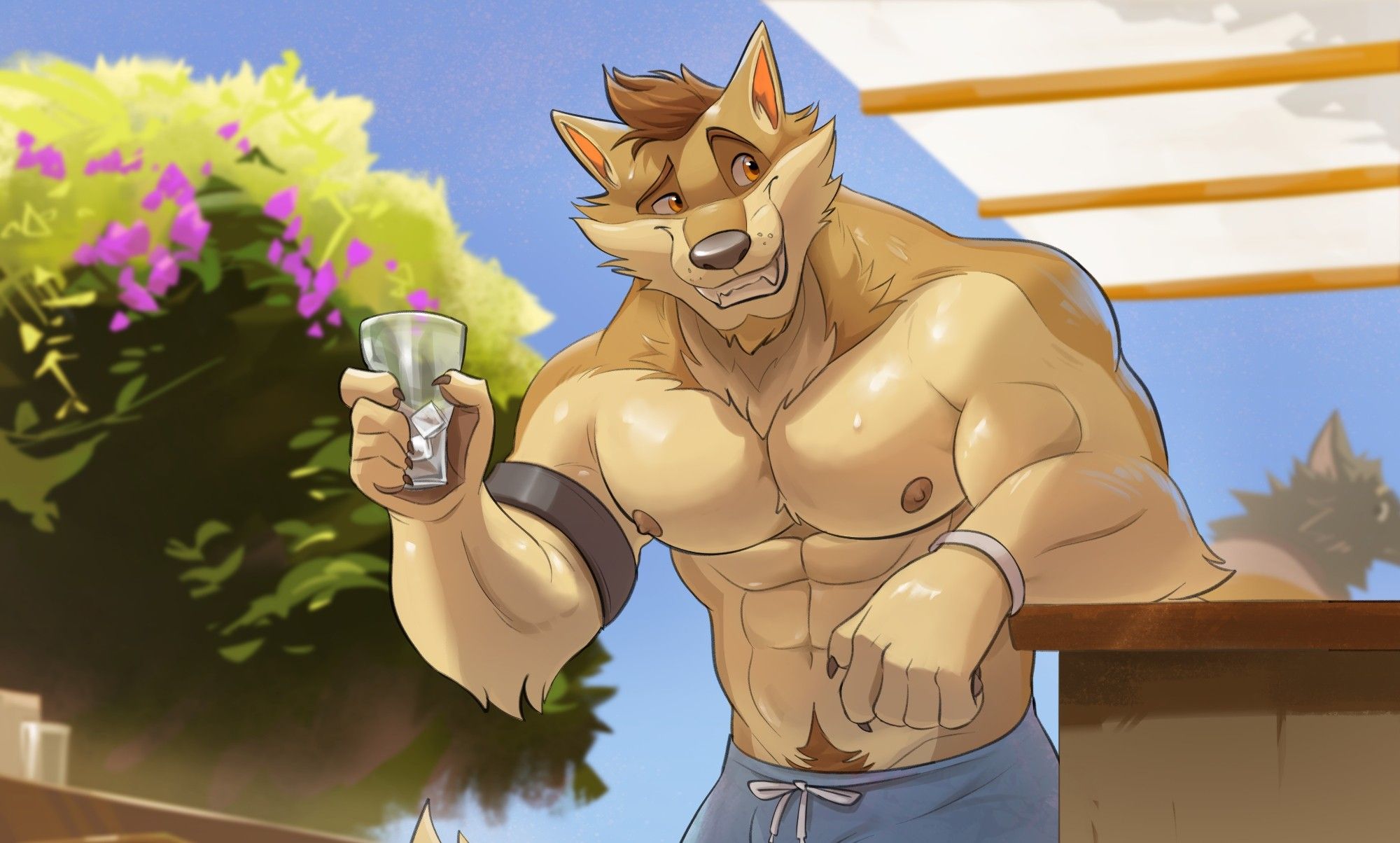 Setting is noon with clear skies at a beach bar counter. A big wolfguy is leaning one elbow on a counter while the other arm is holding a glass of icecubes (he just finished drinking the liquid). He has a suave smile and glances to the side.