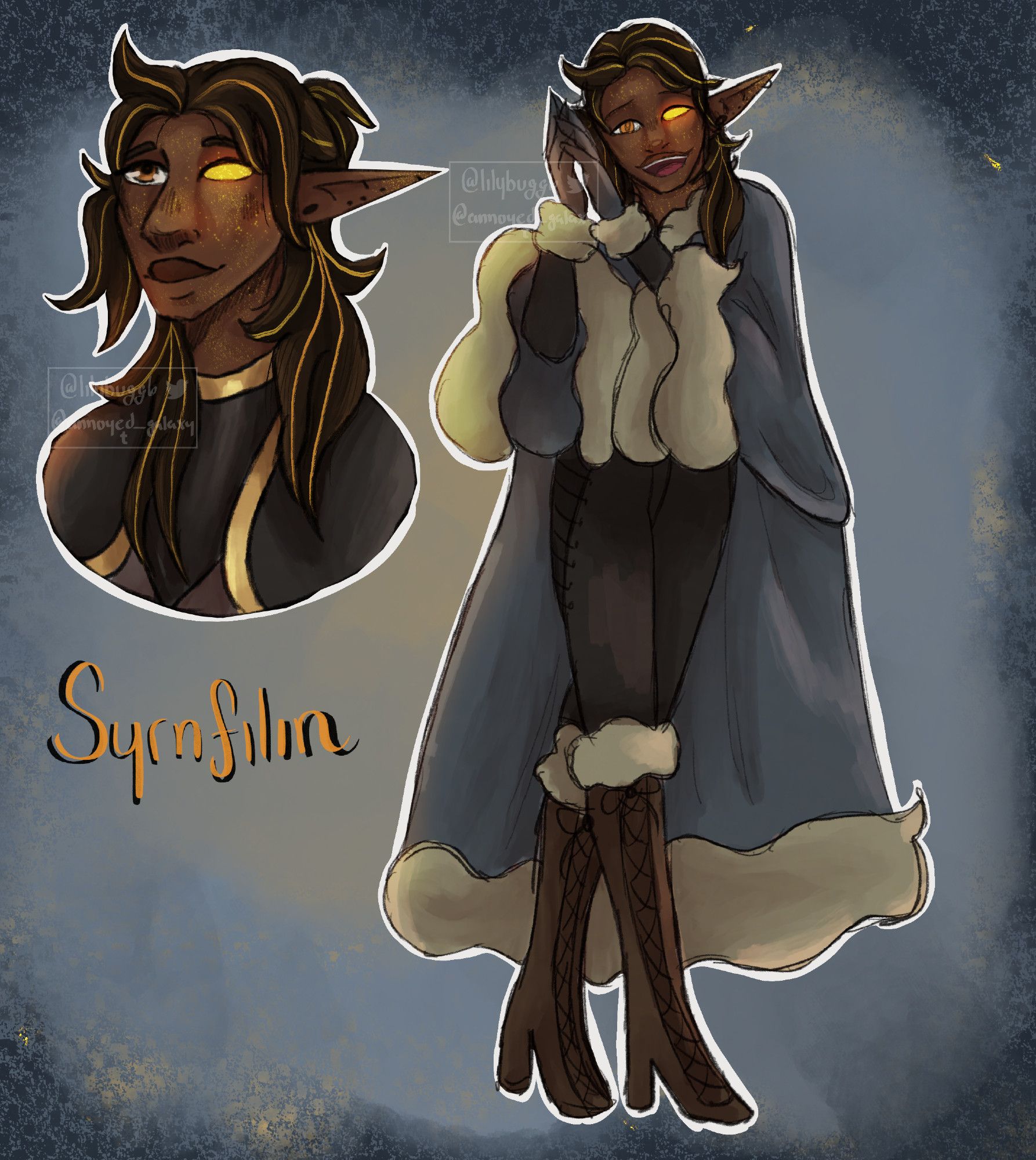 A full body and headshot of my latest dnd character, Syrnfilin. Genderfluid "elf" who has one golden glowing eye and gold streaks in their hair.