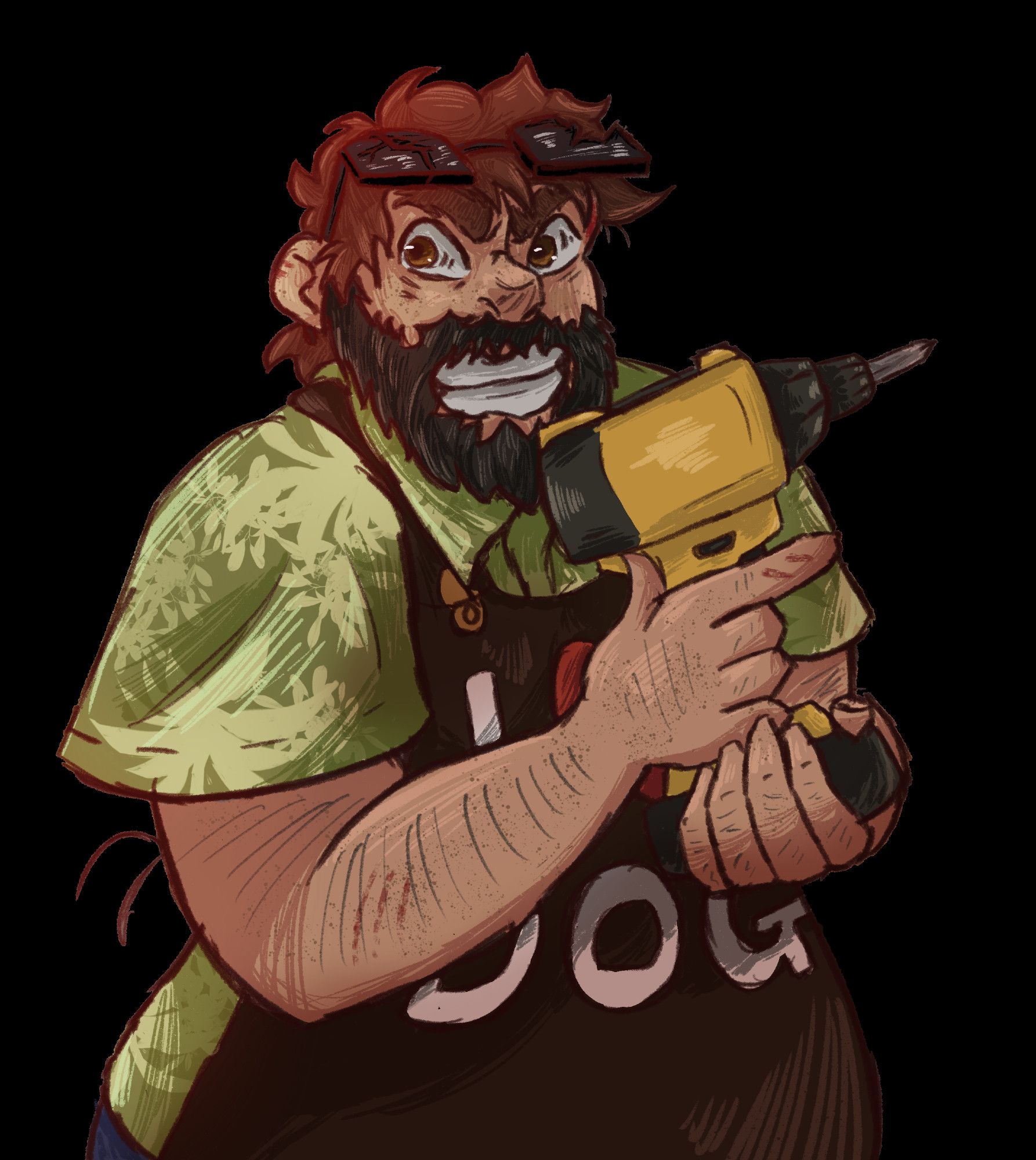 A character sprite that was drawn for Ludum Dare 56 featuring a bearded man wearing an apron that says "I <3 Dogs" and holding a drill with some rage on his face.