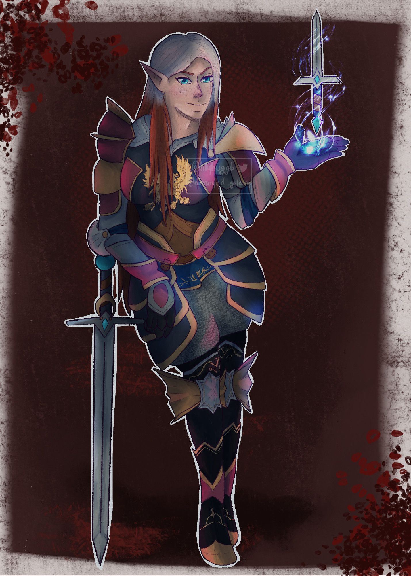 A full-character image of my DAO character, Feril Surana, leaning on a sword while using magic to float a dagger in her other hand, wearing Grey Warden Commander armor