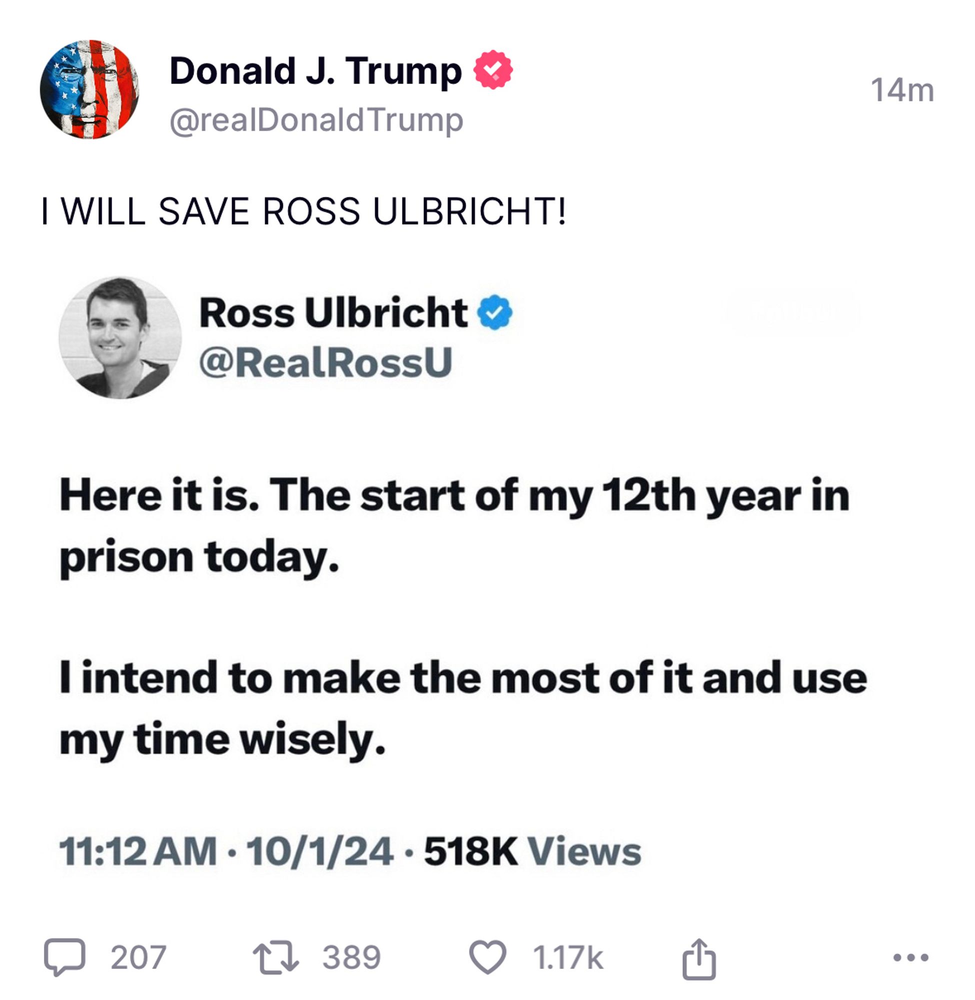 Another Trump post on Truth Social, quoting a screenshot from Ross Ulbricht: “I WILL SAVE ROSS ULBRICHT!”