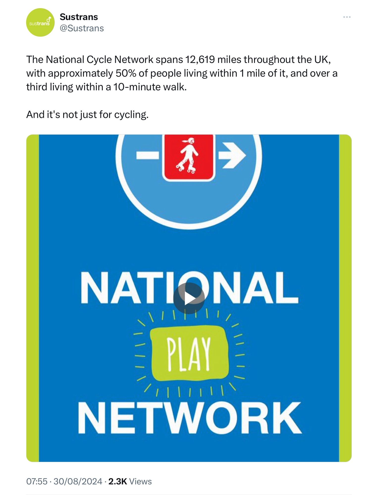 Screenshot of a Sustrans tweet:

The National Cycle Network spans 12,619 miles throughout the UK, with approximately 50% of people living within 1 mile of it, and over a third living within a 10-minute walk.

And it's not just for cycling.