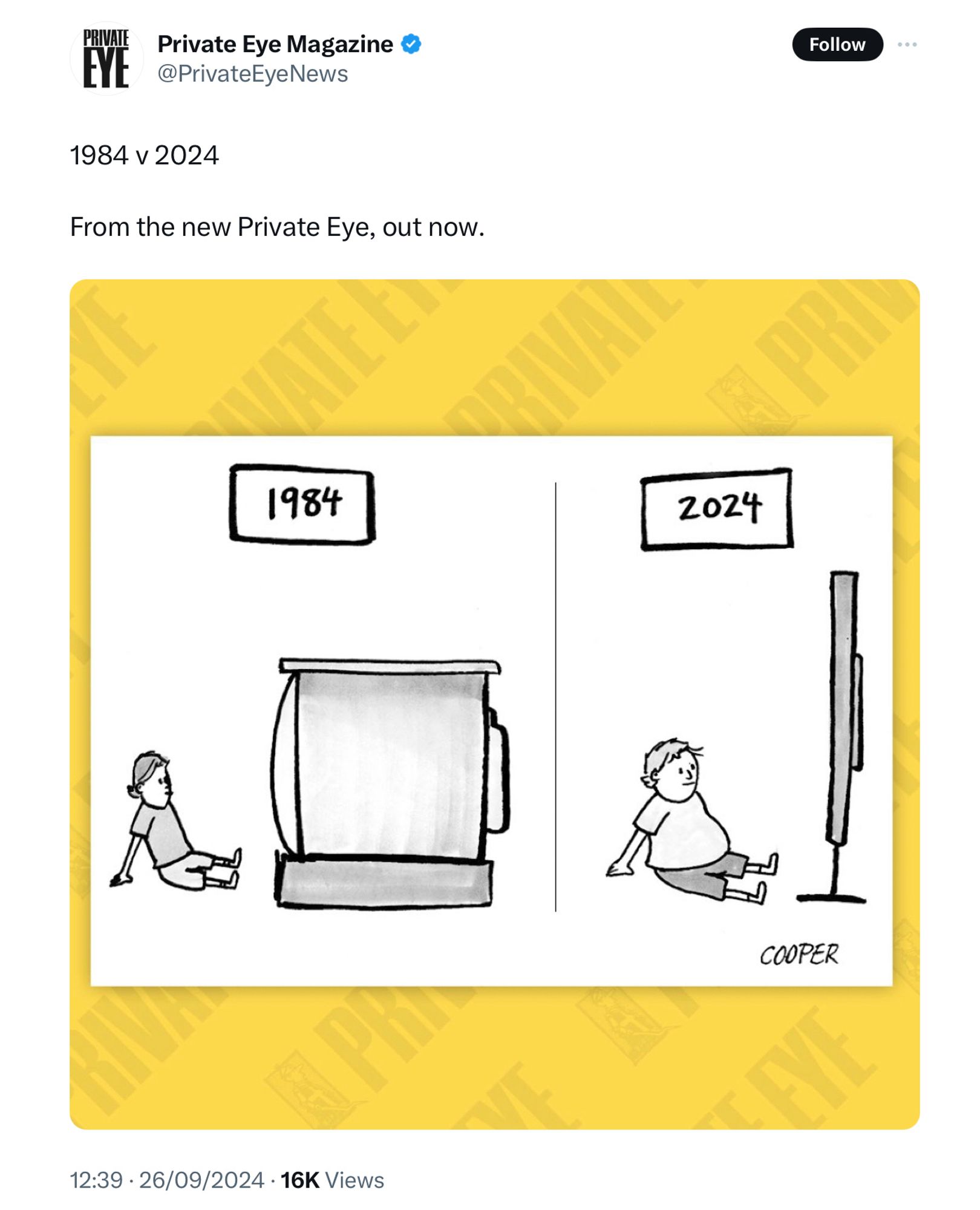 A screenshot of a Private Eye cartoon depicting a thin child in front of a bloated TV in 1984 and a fat child in front of a slim TV in 2024.