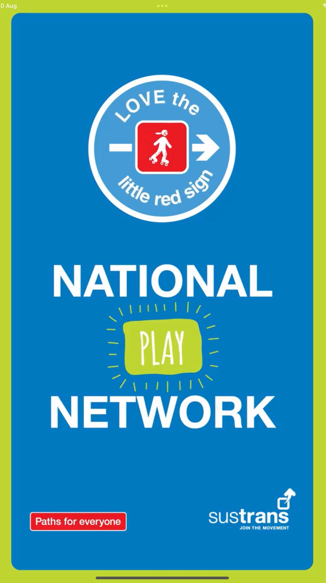 Sustrans advertising the “National Play Network” in the style of the National Cycle Network, with a young girl rollerskating in the “little red sign”