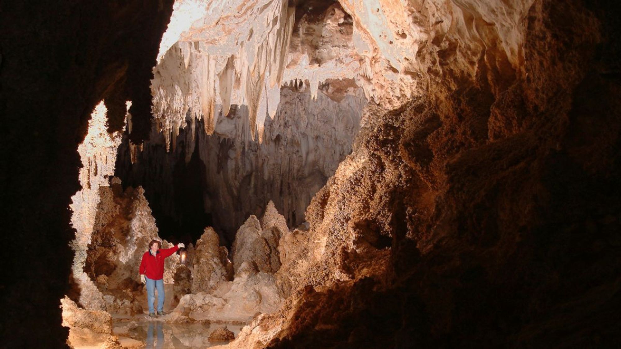 A visitor stands near a pool of water in Carlsbad Caverns' Left Hand Tunnel. NPS photograph.