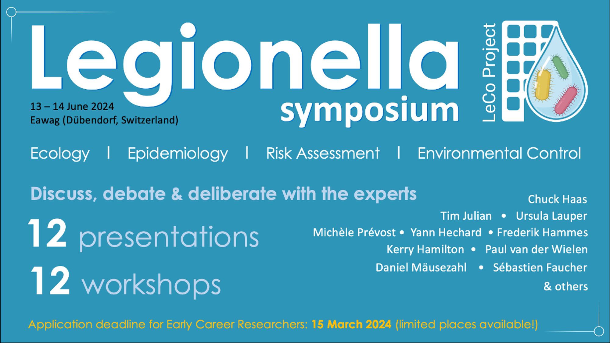 Symposium flyer with key informations regarding the the Legionella symposium. All information can be found at: https://bit.ly/LeCo_Symp