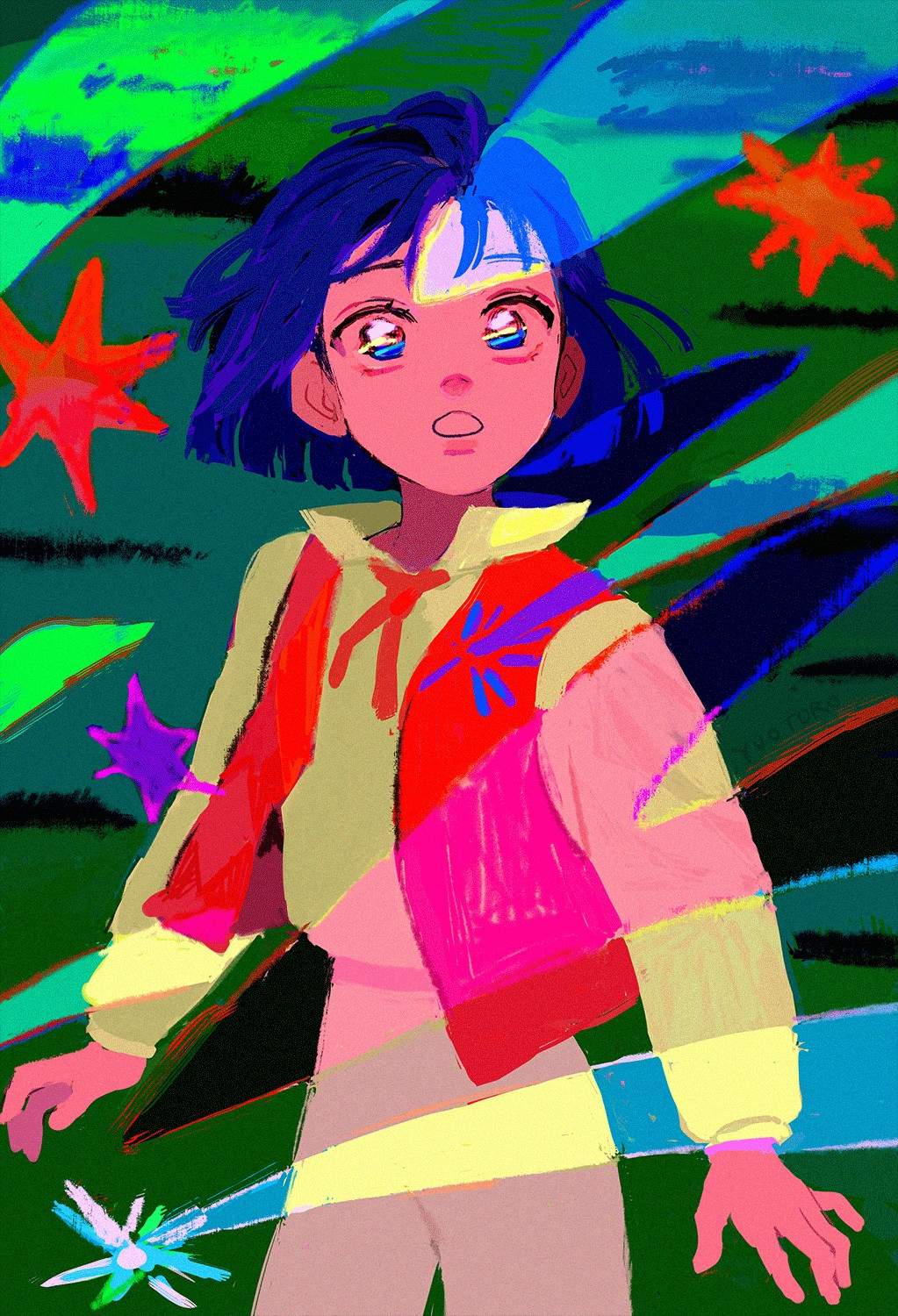 A young boy with blue hair is watching the sky as colorful stars of oranges, blues, and purples float around him. There is a field of grass behind him, covering the whole background. His eyes are wide and full of sparkling reflections from the shooting stars. His eyes are wide in wonder.