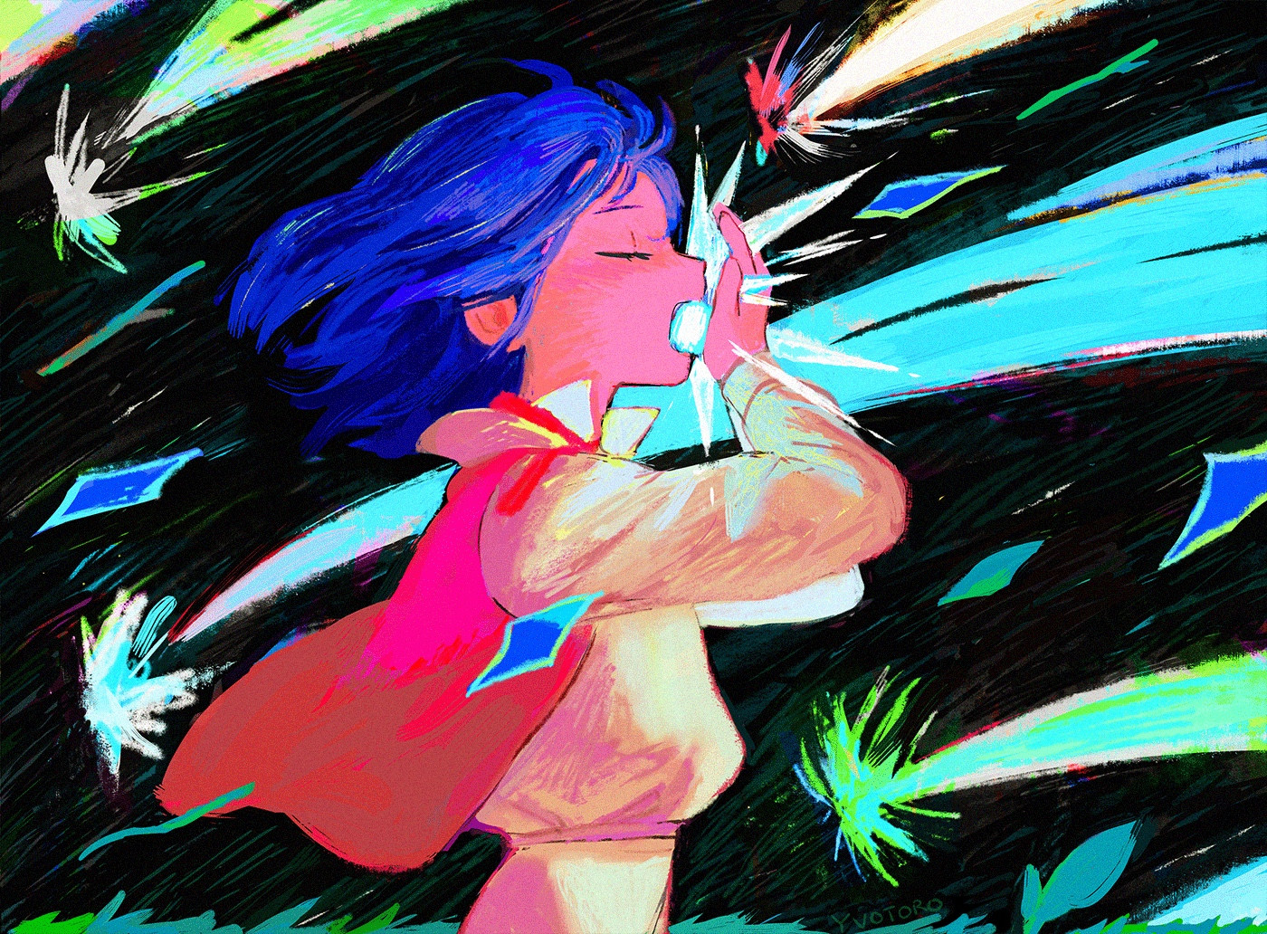 The same young boy with blue hair is swallowing the bright star, his palms over his mouth as light emits from it. There are shooting stars behind him in the black sky, full of different colors. The shooting stars are moving towards the left.