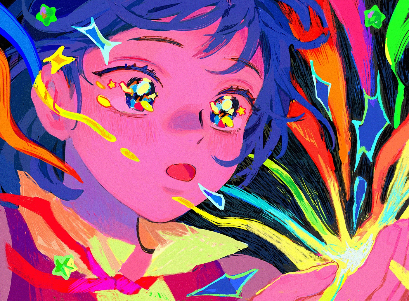 A young boy with blue hair is holding a star in his palm, while colorful streams of light are emitting from it. The streams are surrounding him, passing by his face, hair, and clothes. His eyes are full of yellow sparkles.