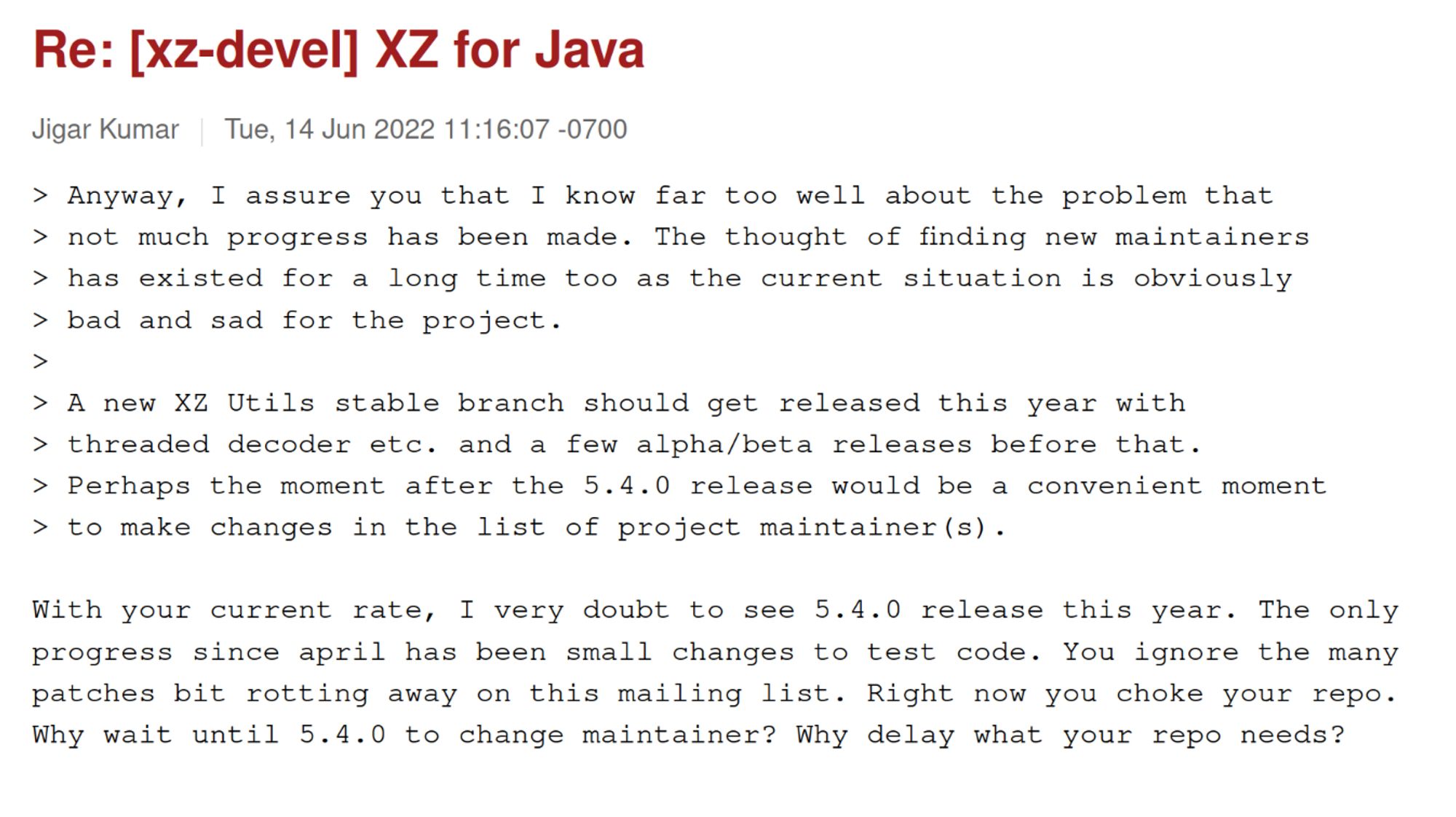 reply to post of Lasse on the xz-devel mailing list, pressuring him to take on another maintainer