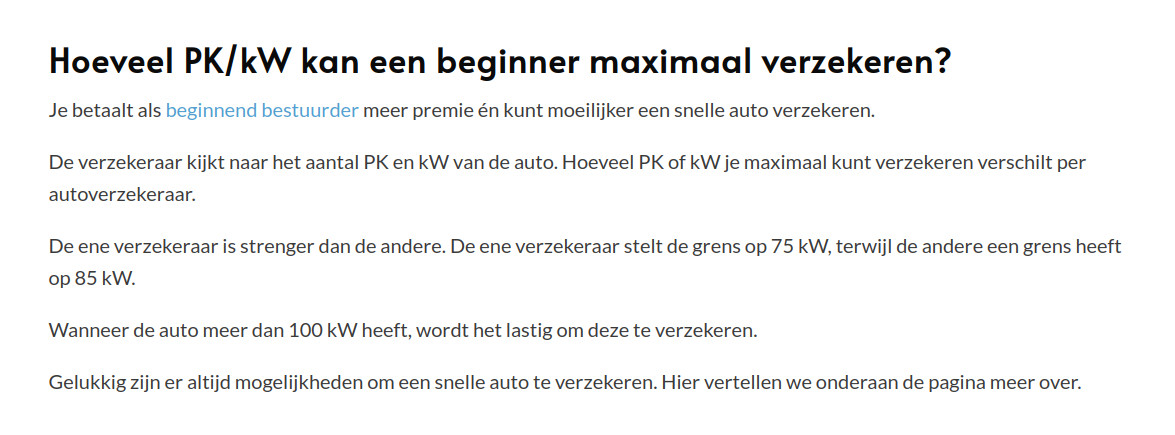 toelichting maximaal vermogen auto (bijv 85 kW / 115 pk) autoverzekering voor beginnend bestuurders