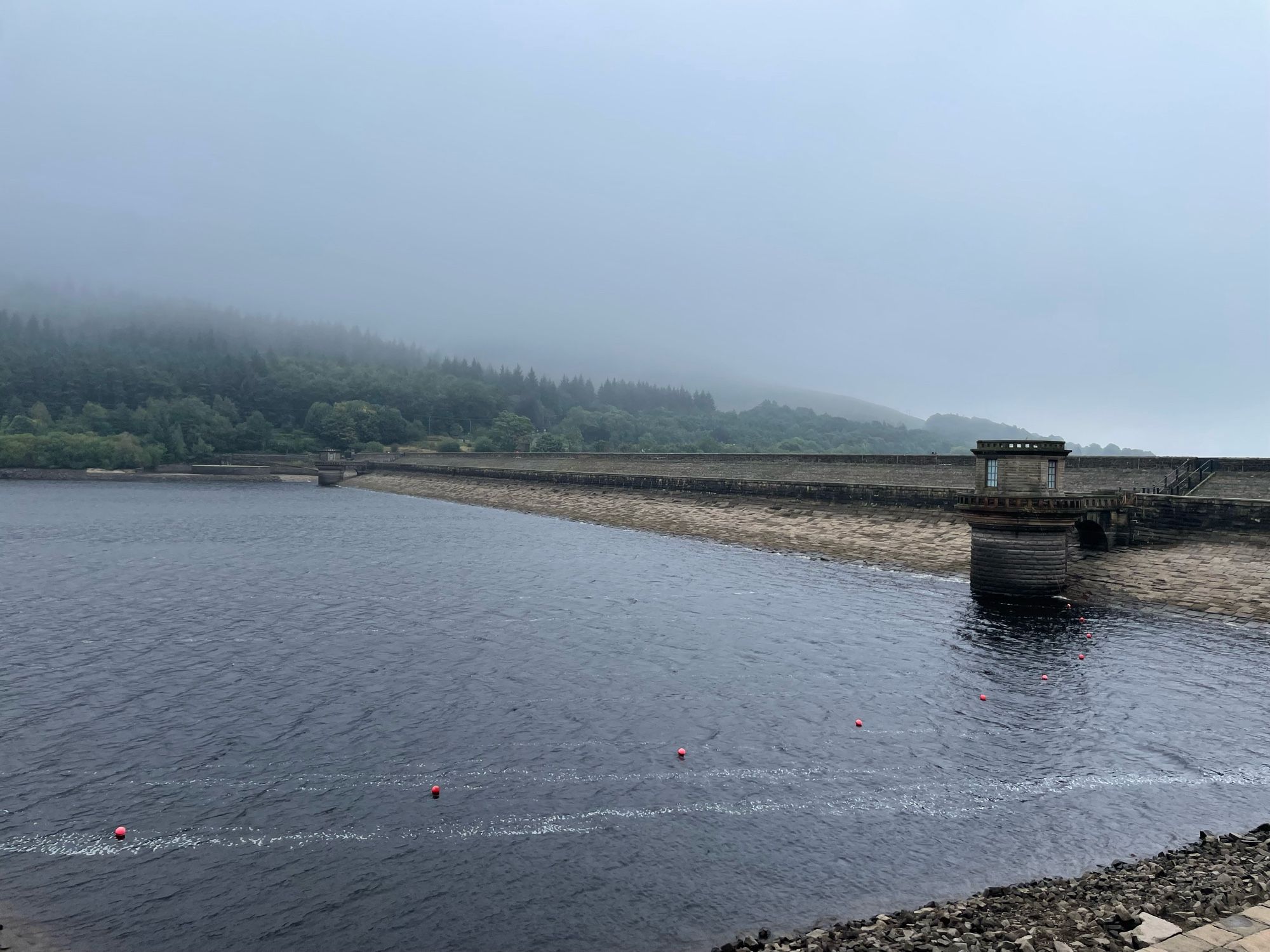 Ladybower Reservoir beneath low cloud.