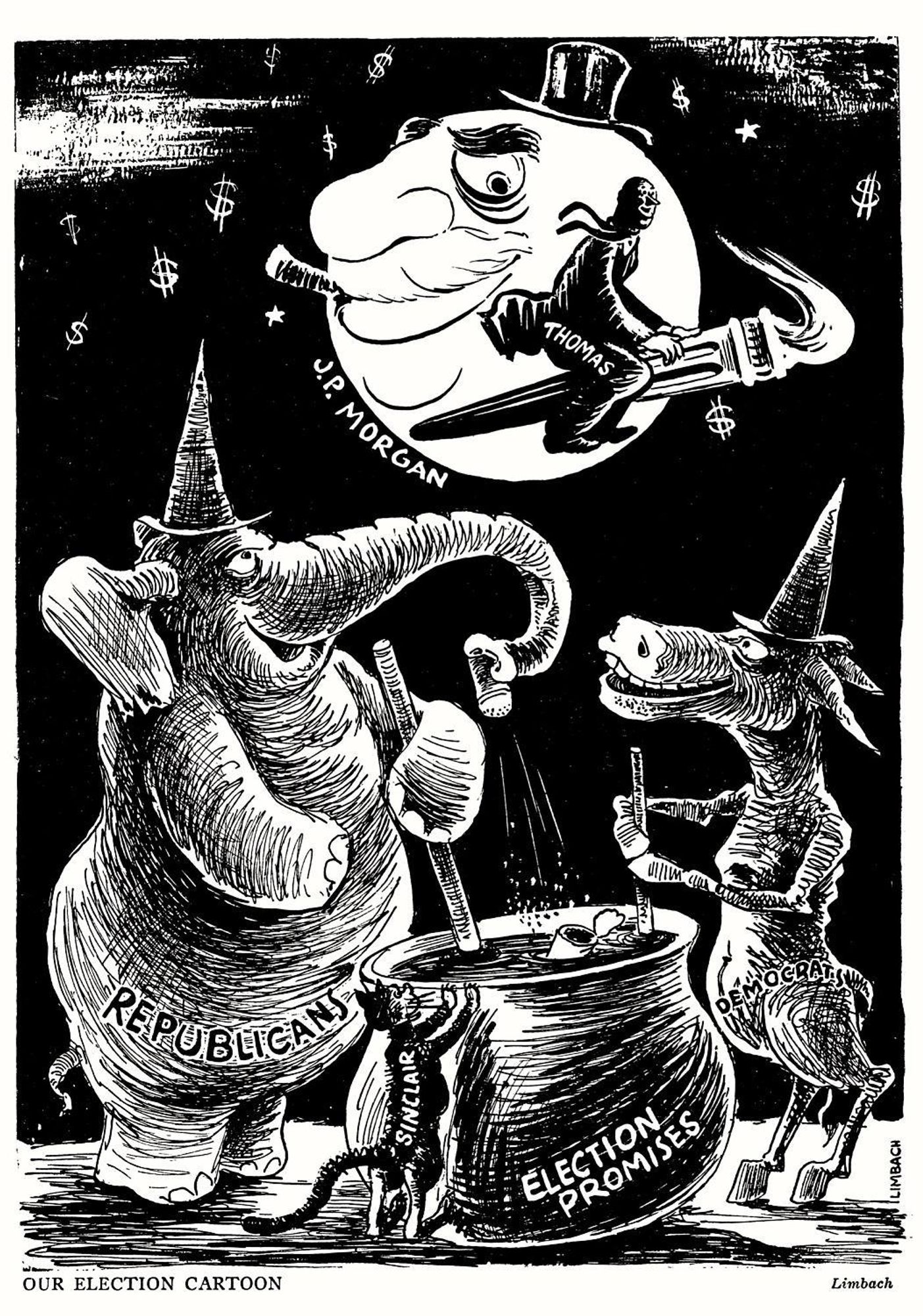 'Our election cartoon,' American cartoon by Russel T. Limbach for New Masses magazine. Shown is the Republican party (represented as an elephant) and Democratic party (represented as a donkey) with witches hats on and stirring a cauldron with the words 'election promises' on it with a cat next to the cauldron with the words 'Sinclair' on it looking up to Thomas W. Lamont(?), spokesman for J.P. Morgan (represented as the moon with a face wearing a top hat and smoking a cigar, in the run up to the 1934 November elections. United States of America, 30 October 1934.