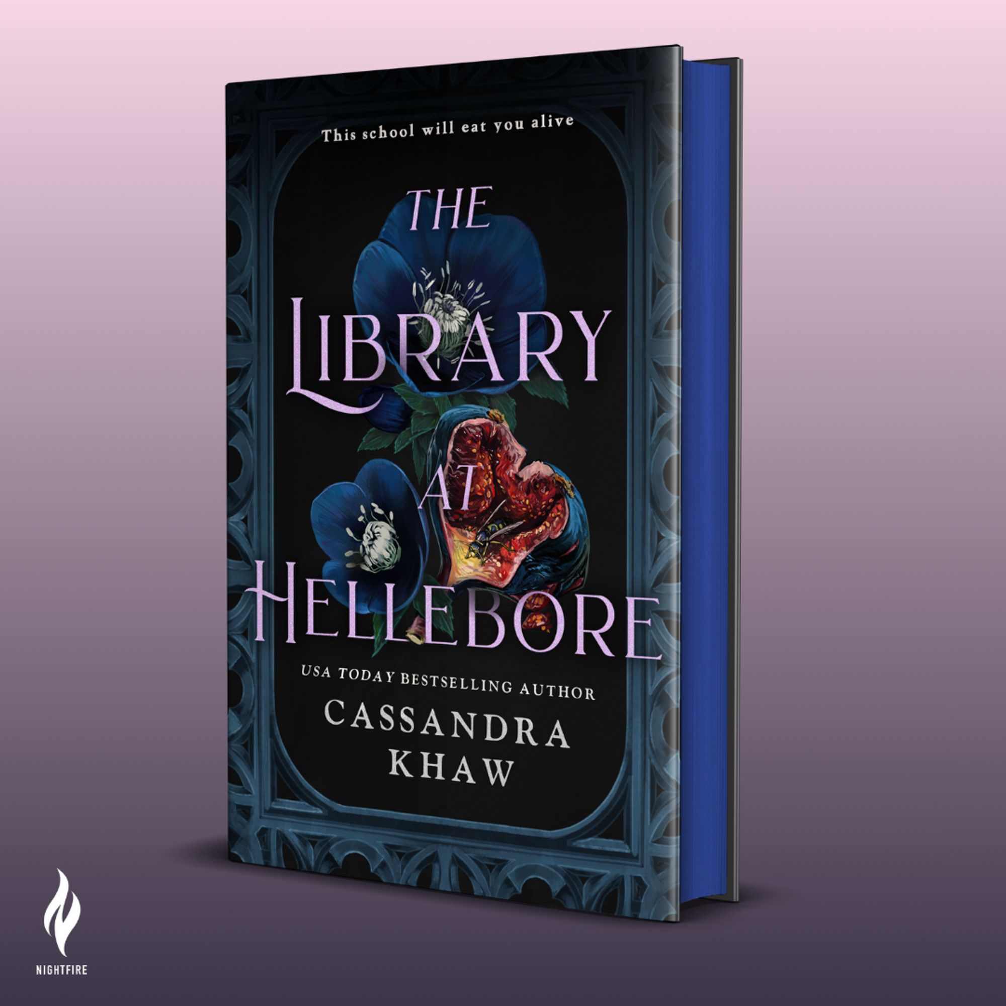 Cover art reveal for Cassandra Khaw's next novel, The Library at Hellebore. Deep blue hellebore flowers, and a crushed open fig with a wasp inside. Colbalt blue sprayed edges. Title in an ornate font in a lush lavender.