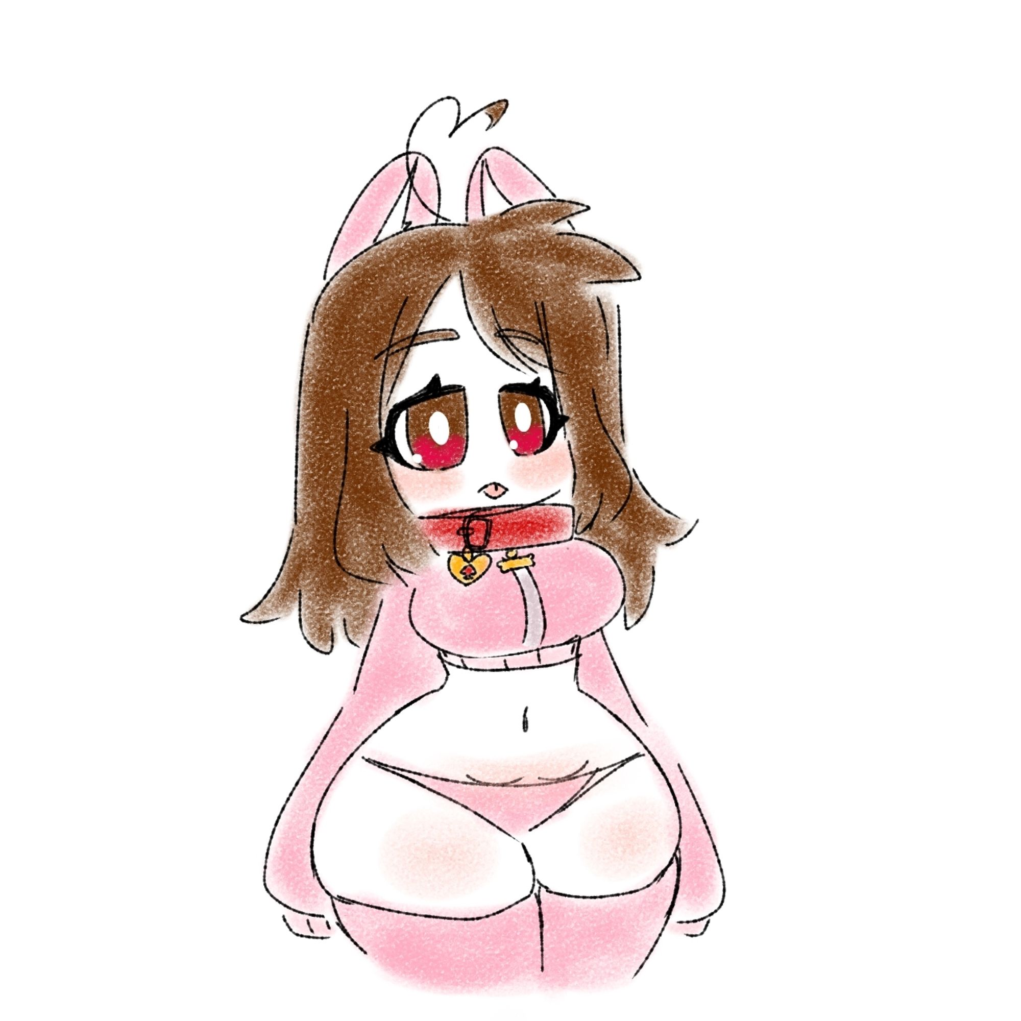 Kinda chubby brunette girl with pink dog ears. She's wearing a pink overly long sleeved cropped zip up hoodie, a red collar with a yellow heart tag and a red spade in the center of the heart. Her bottom half is just pink panties and some pink thigh highs. This image does not show or hint at genitals or nude breasts, but has exposed midriff and thighs.