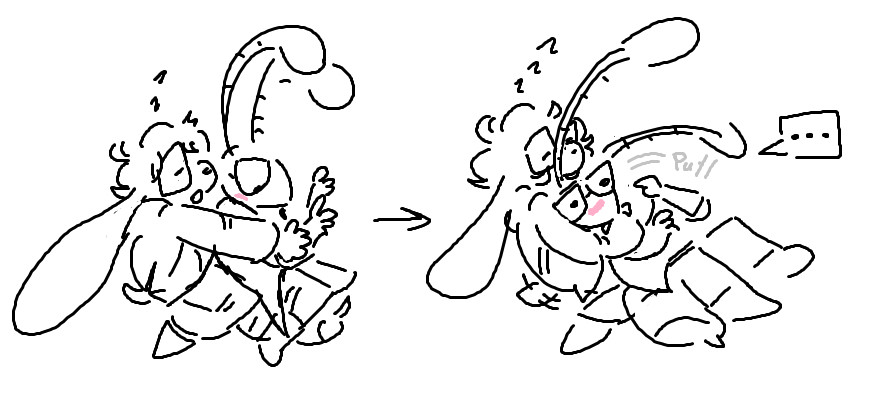 A sloppy doodle of Macthinker (ship of Mac Opsys and Brian / the Prethinker) from Toontown Corporate Clash. Brian is in his toon form (bug). On the left is a doodle of Mac sleepily throwing his arm across Brian. Brian is looking down at Mac's arm with a open eyed expression. On the right is a followup doodle, where Mac pulls Brian in closer to where Brian is slightly turned. Brian has an unsure look on his face and off to the side is a speech bubble that says "..."