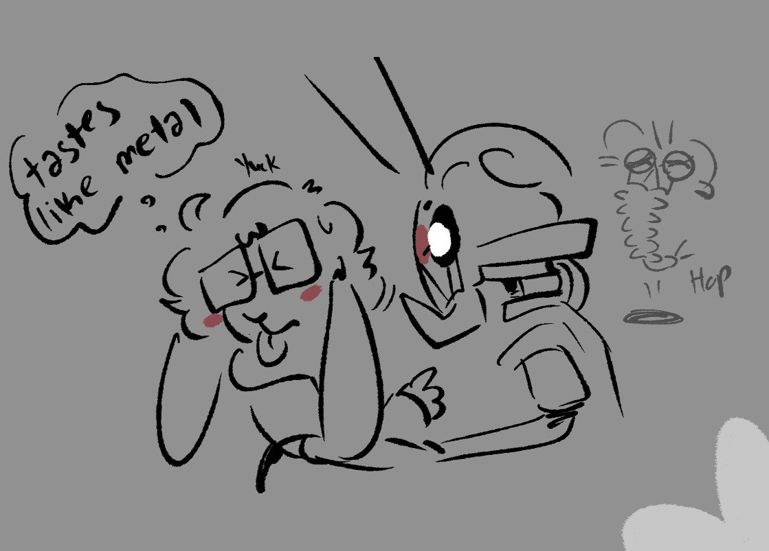 A doodle off to the side, Mac's head is facing away from Brian with it's tongue sticking out. There's a thought bubble that reads "Tastes like metal. yuck". Brian is looking at Mac with a big pupil. To the side of him is a small faded tiny version of him jumping up and down